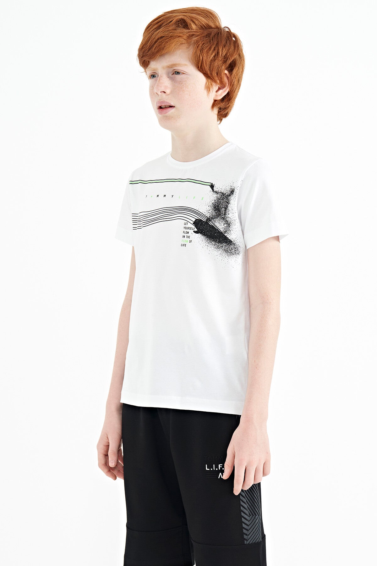 White Print Detailed Standard Template O Collar Boys T-Shirt - 11133