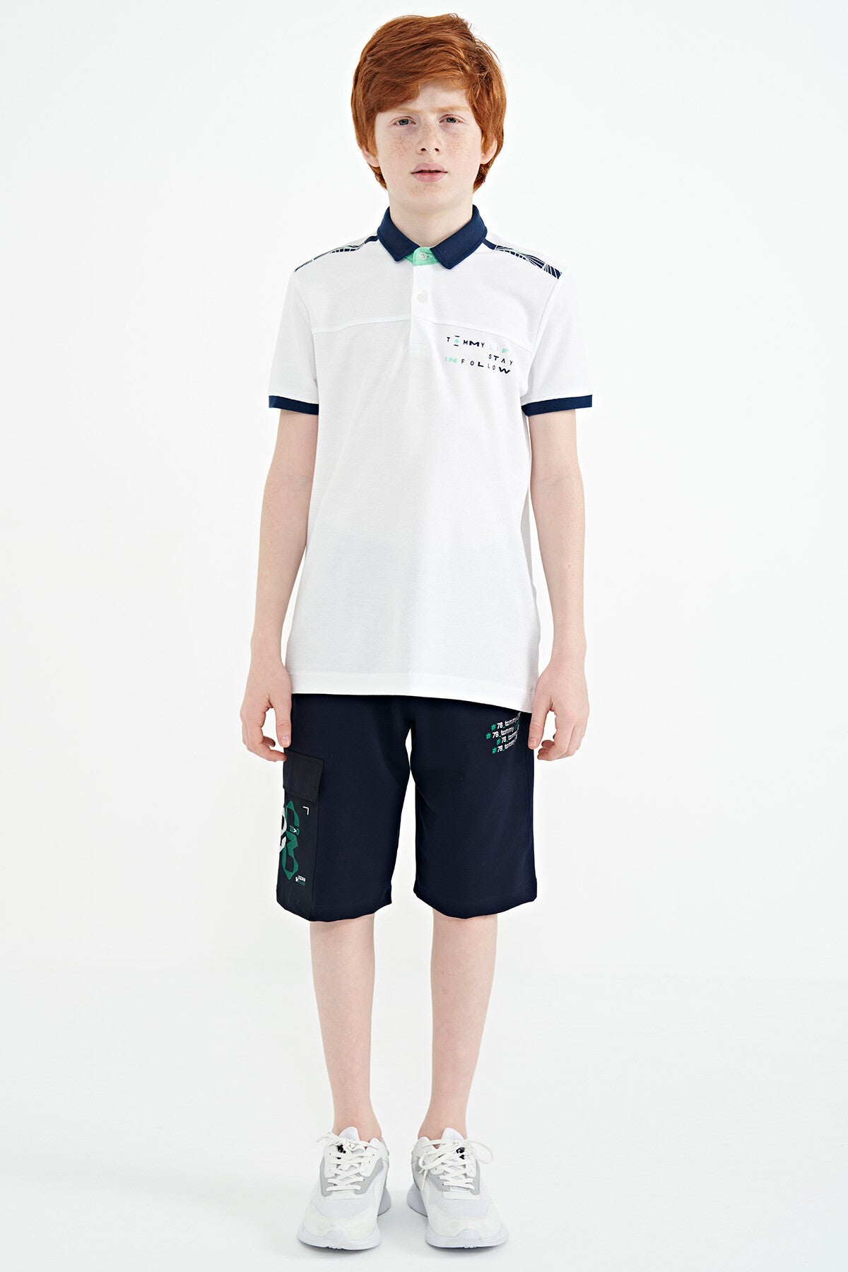 White Print Detailed Standard Mold Polo Collar Boys T-Shirt - 11140