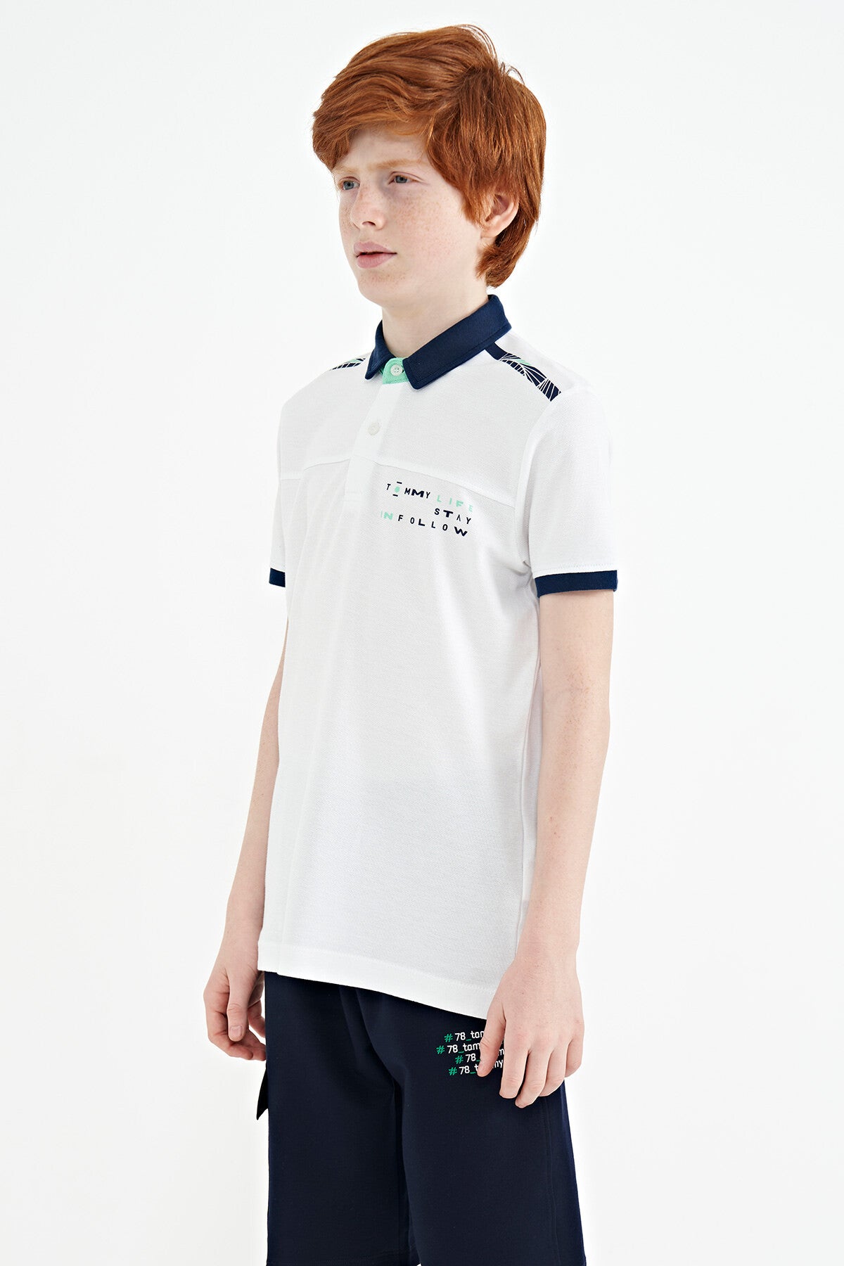 White Print Detailed Standard Mold Polo Collar Boys T-Shirt - 11140