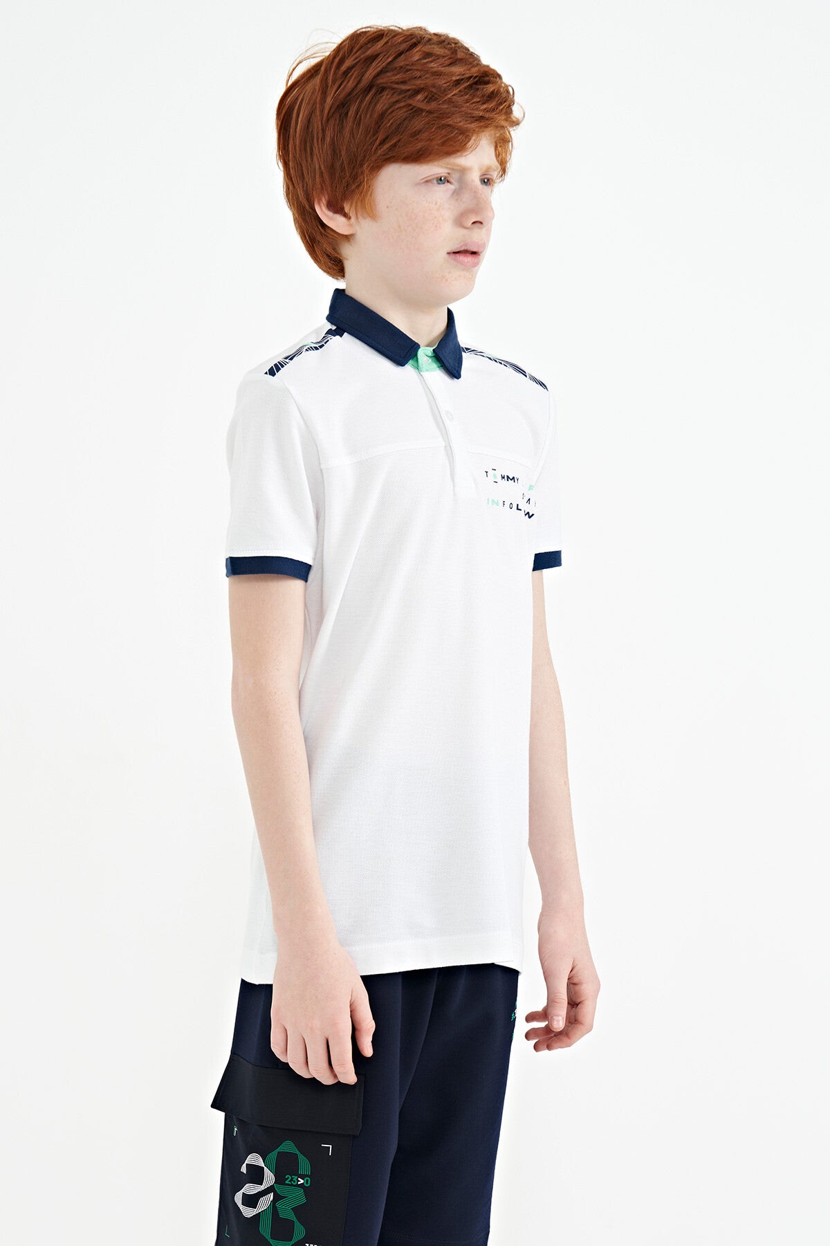 White Print Detailed Standard Mold Polo Collar Boys T-Shirt - 11140