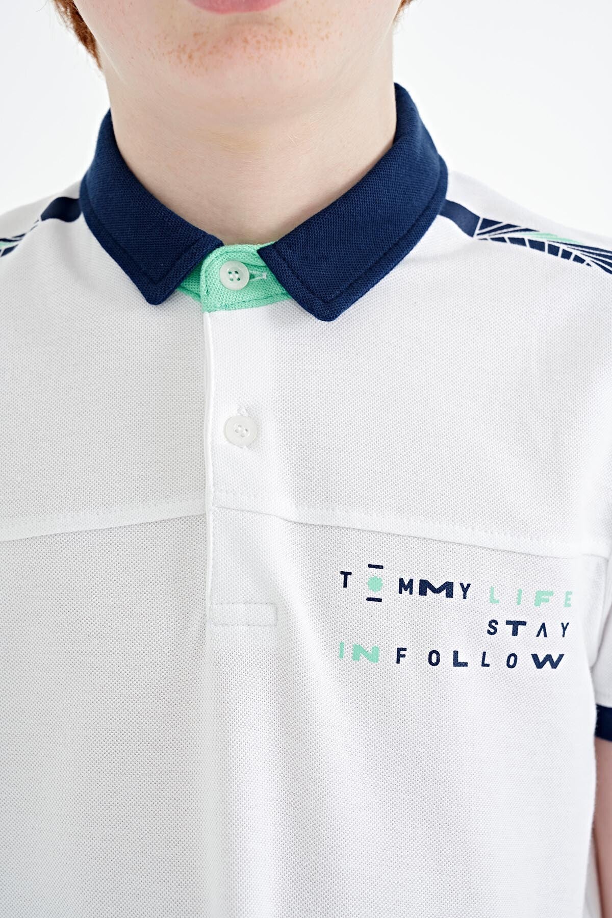 White Print Detailed Standard Mold Polo Collar Boys T-Shirt - 11140