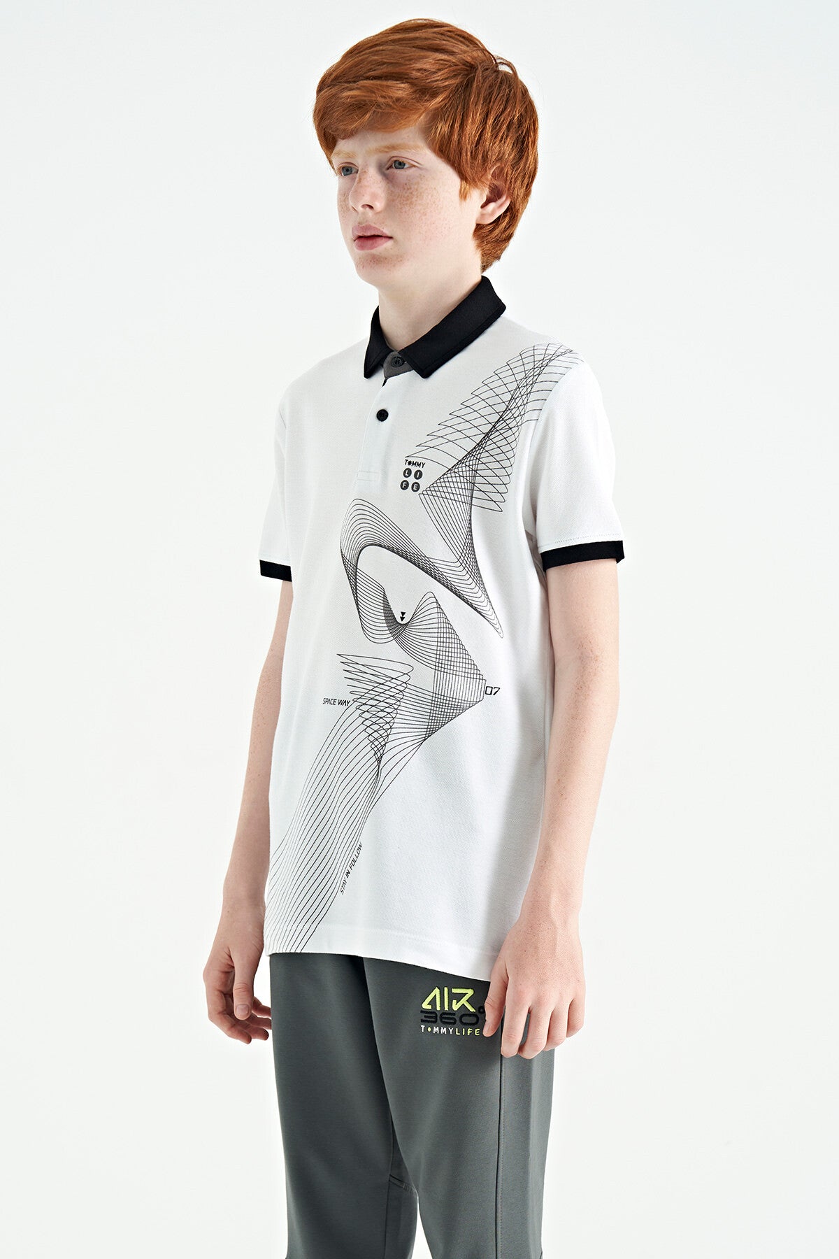 White Print Detailed Standard Mold Polo Collar Boys T-Shirt - 11164