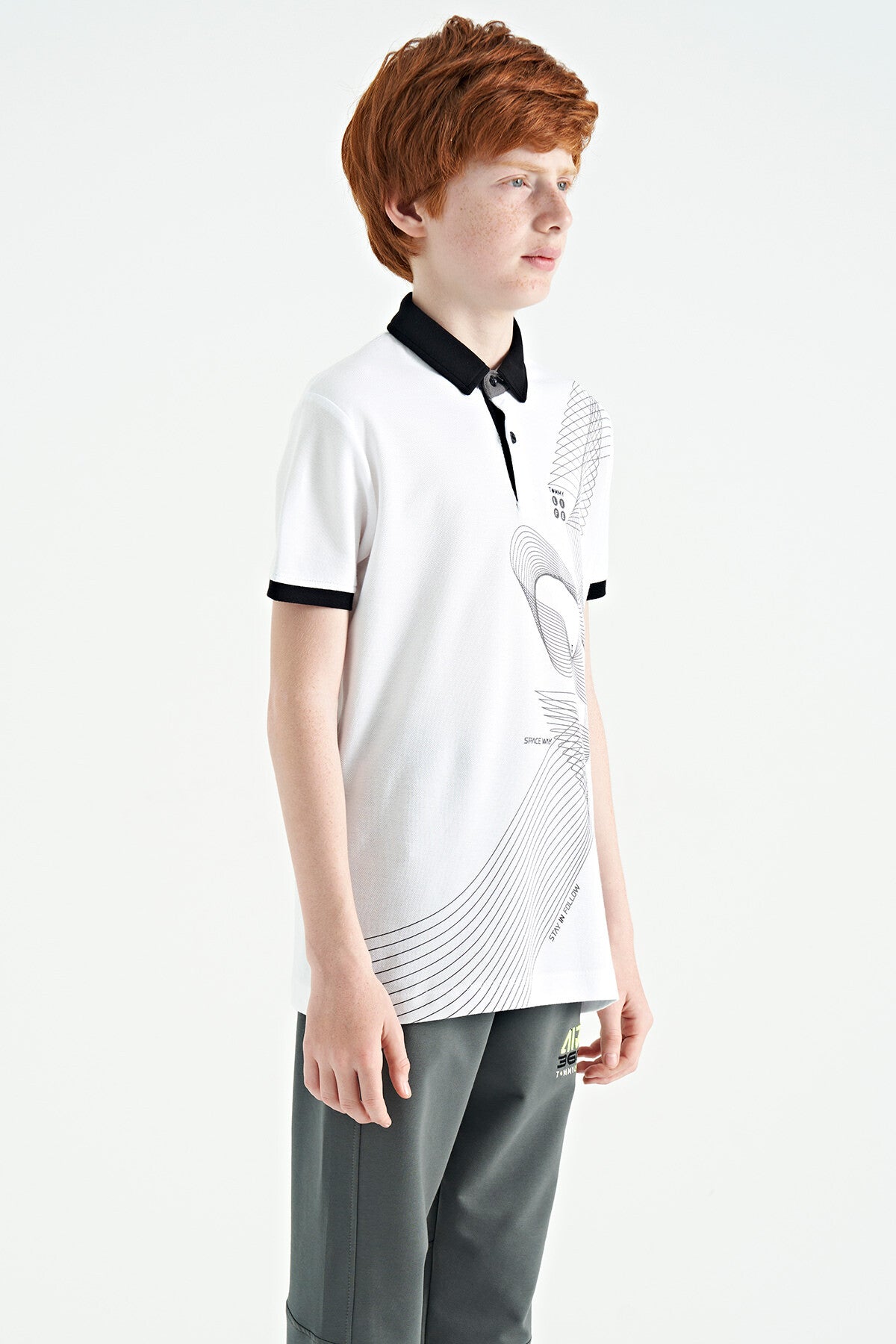 White Print Detailed Standard Mold Polo Collar Boys T-Shirt - 11164