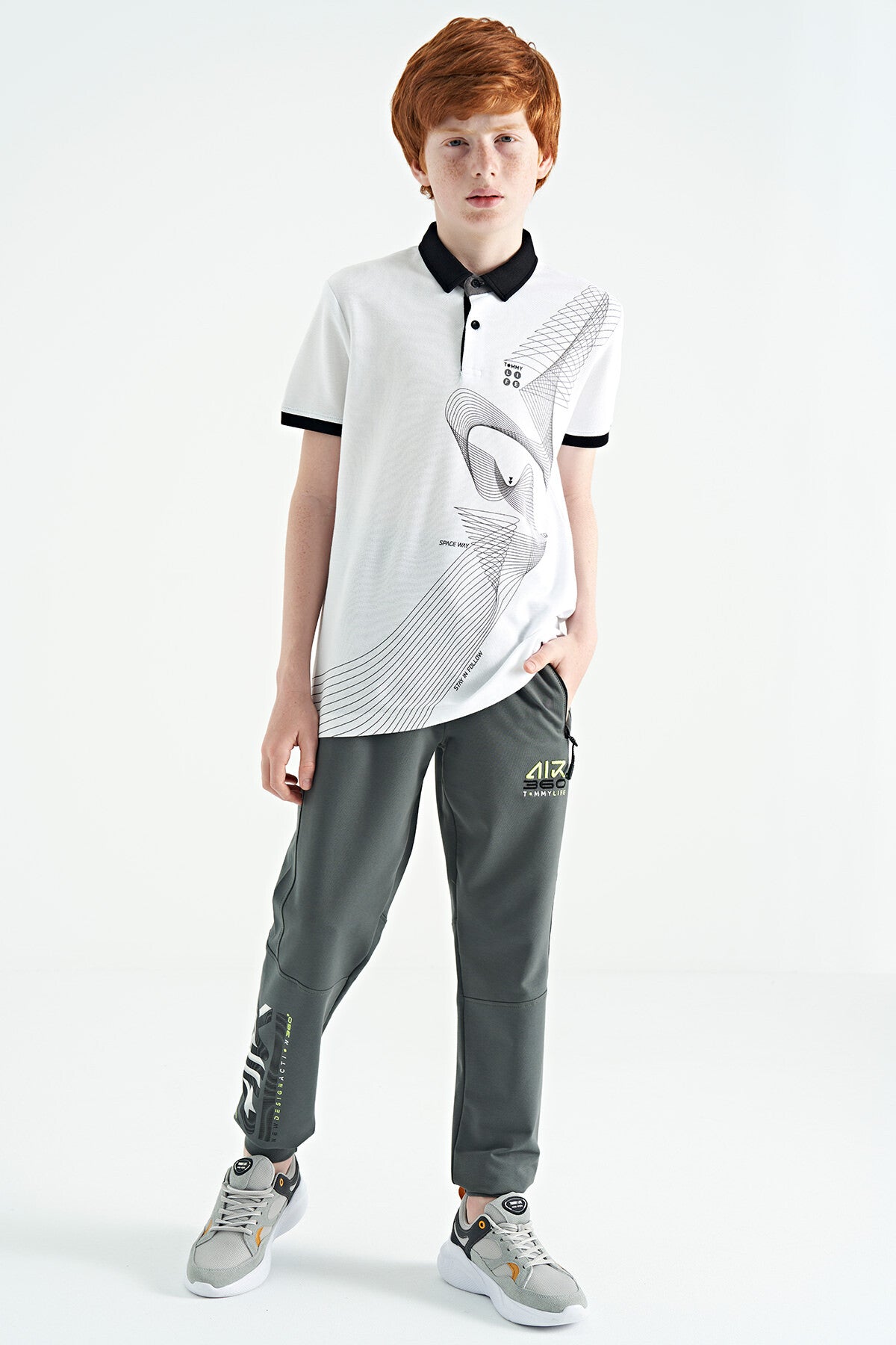 White Print Detailed Standard Mold Polo Collar Boys T-Shirt - 11164
