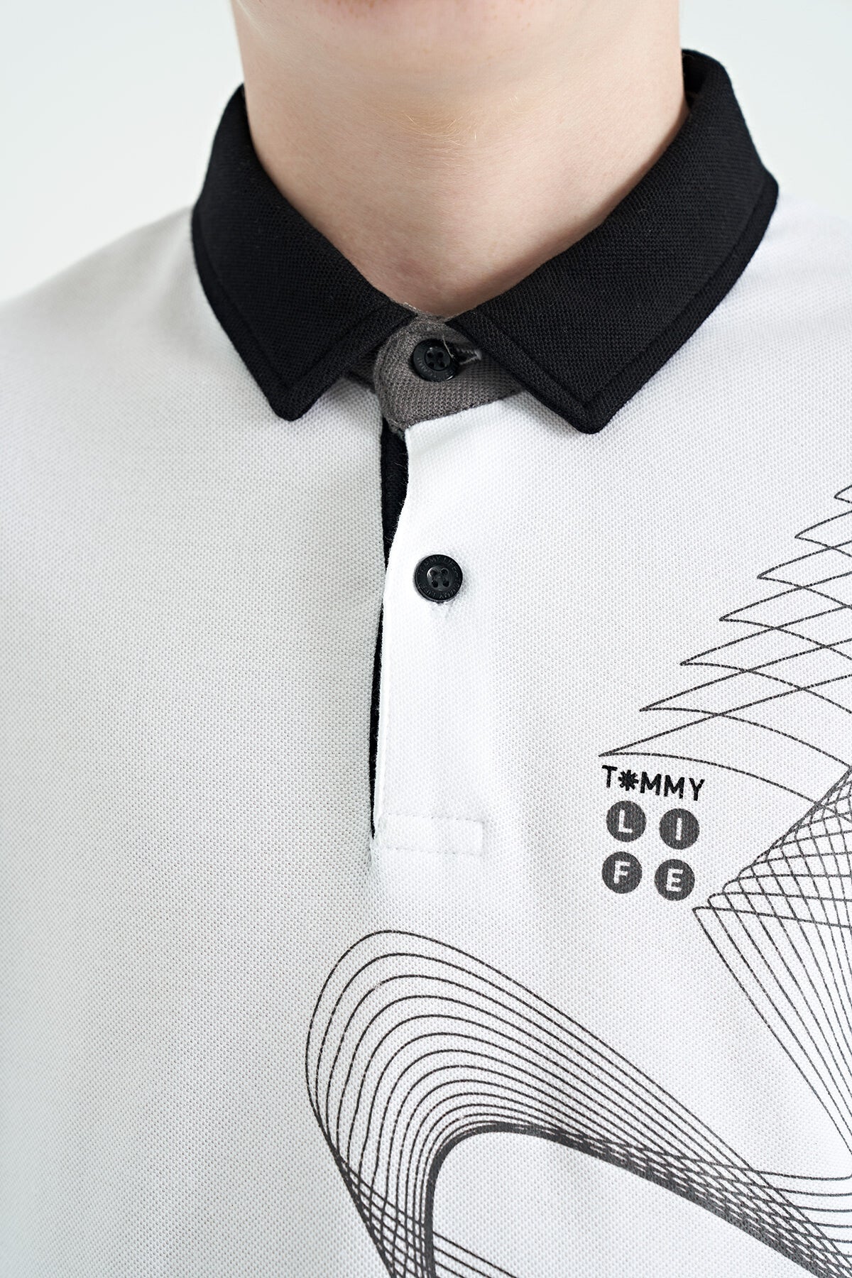 White Print Detailed Standard Mold Polo Collar Boys T-Shirt - 11164