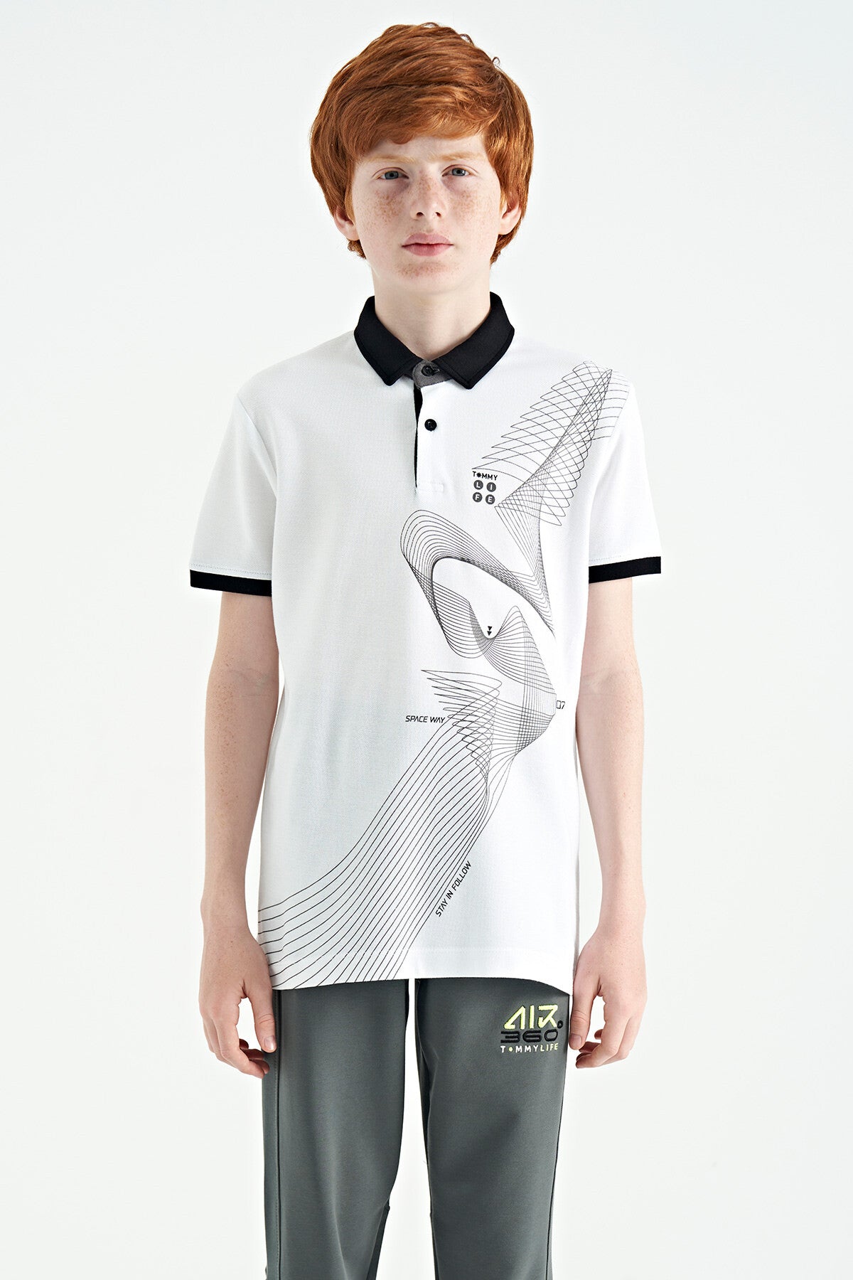 White Print Detailed Standard Mold Polo Collar Boys T-Shirt - 11164