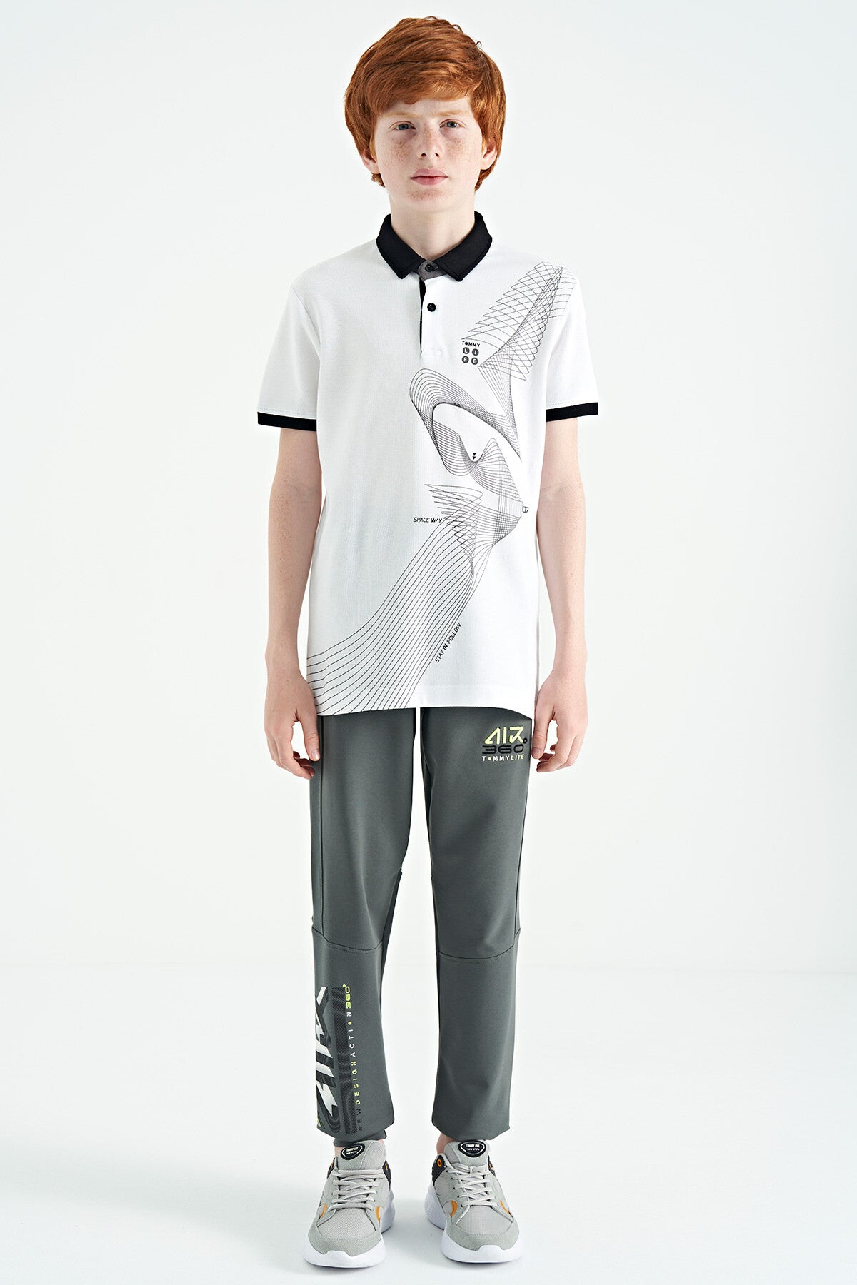 White Print Detailed Standard Mold Polo Collar Boys T-Shirt - 11164