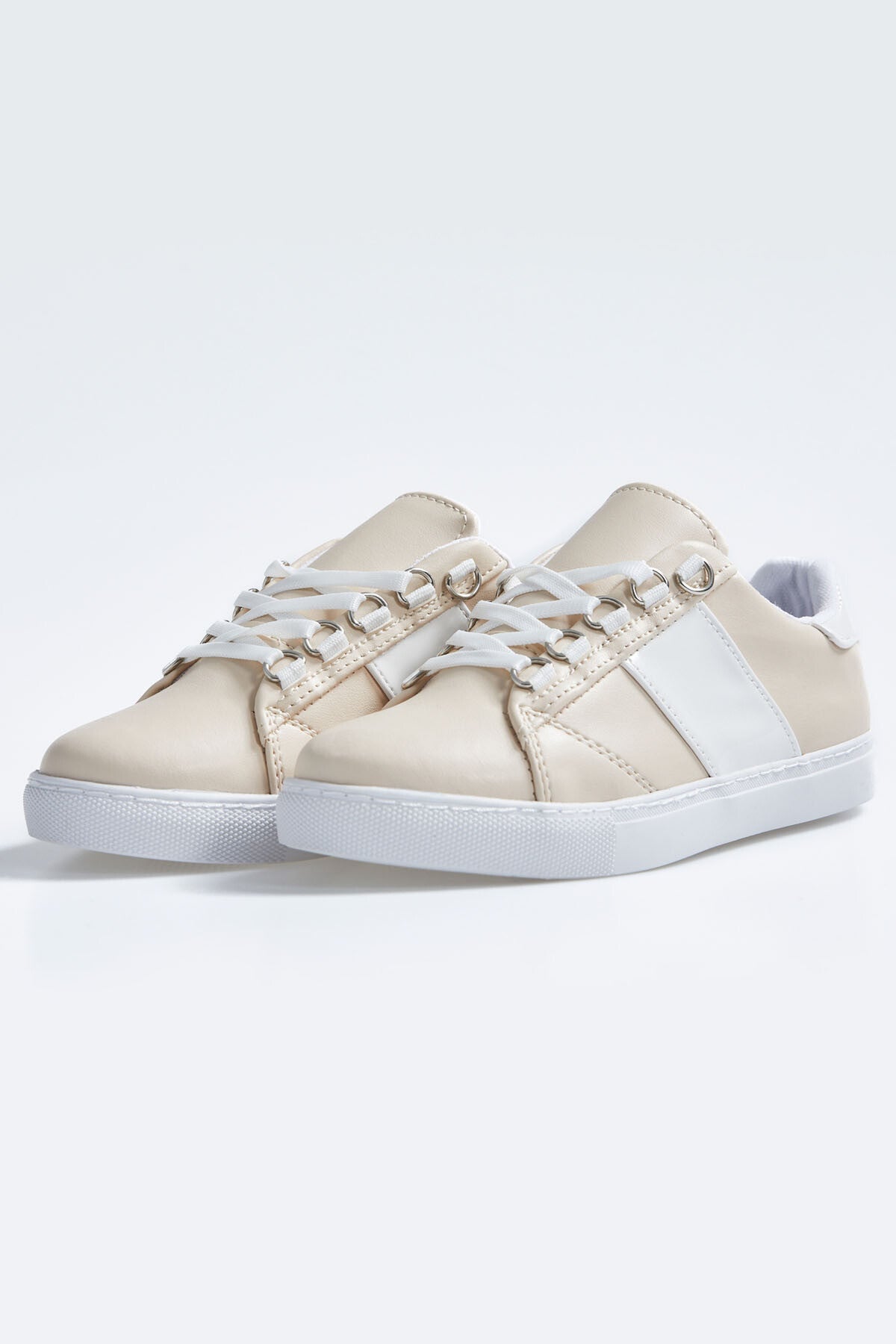 White - Beige Laced Strip Detailed PU Leather Women's Sports Shoes - 89202