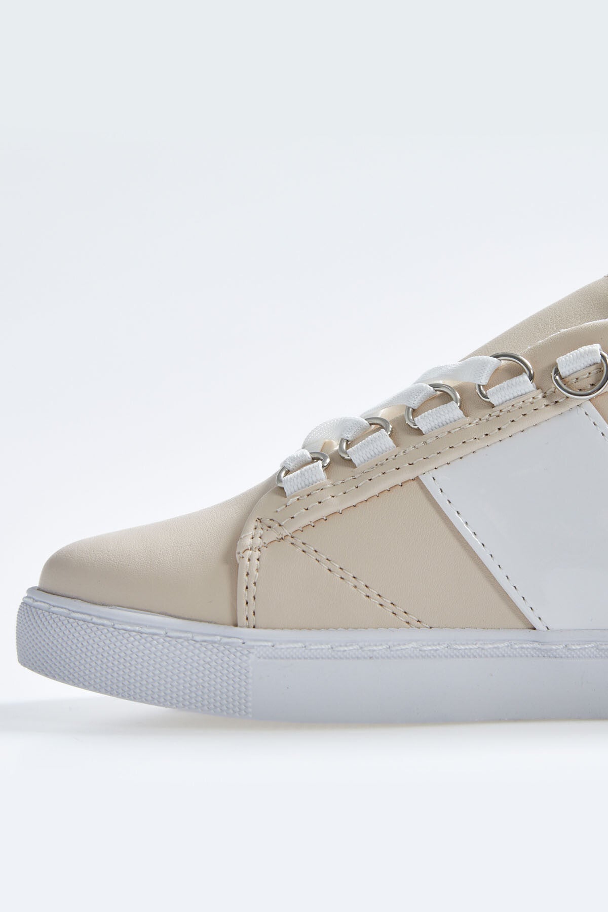 White - Beige Laced Strip Detailed PU Leather Women's Sports Shoes - 89202