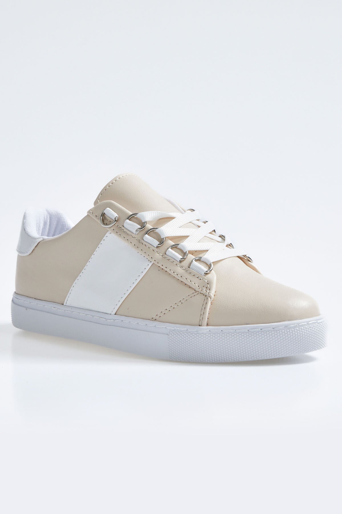 White - Beige Laced Strip Detailed PU Leather Women's Sports Shoes - 89202