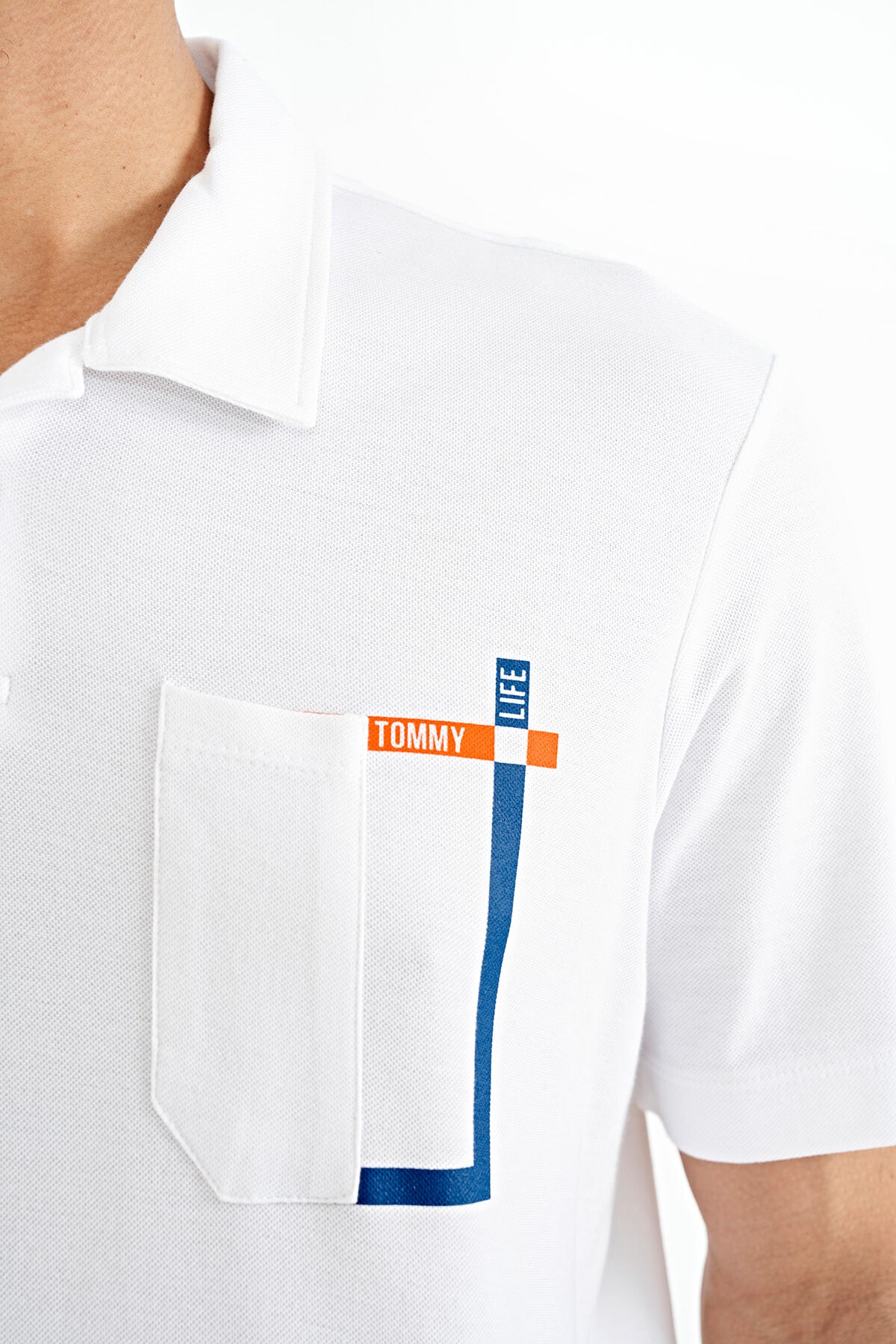 White Neck Detailed Printed Standard Cut Polo Collar Men's T-Shirt - 88241