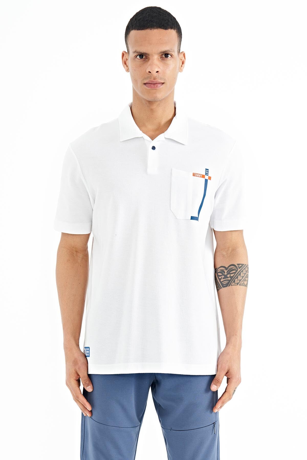 White Neck Detailed Printed Standard Cut Polo Collar Men's T-Shirt - 88241