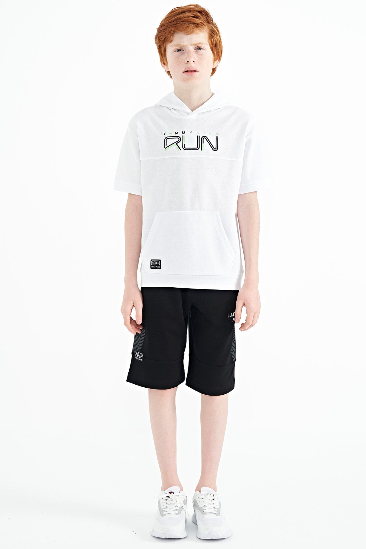 White Kangaroo Pocket Hooded Oversize Boys T-Shirt - 11160