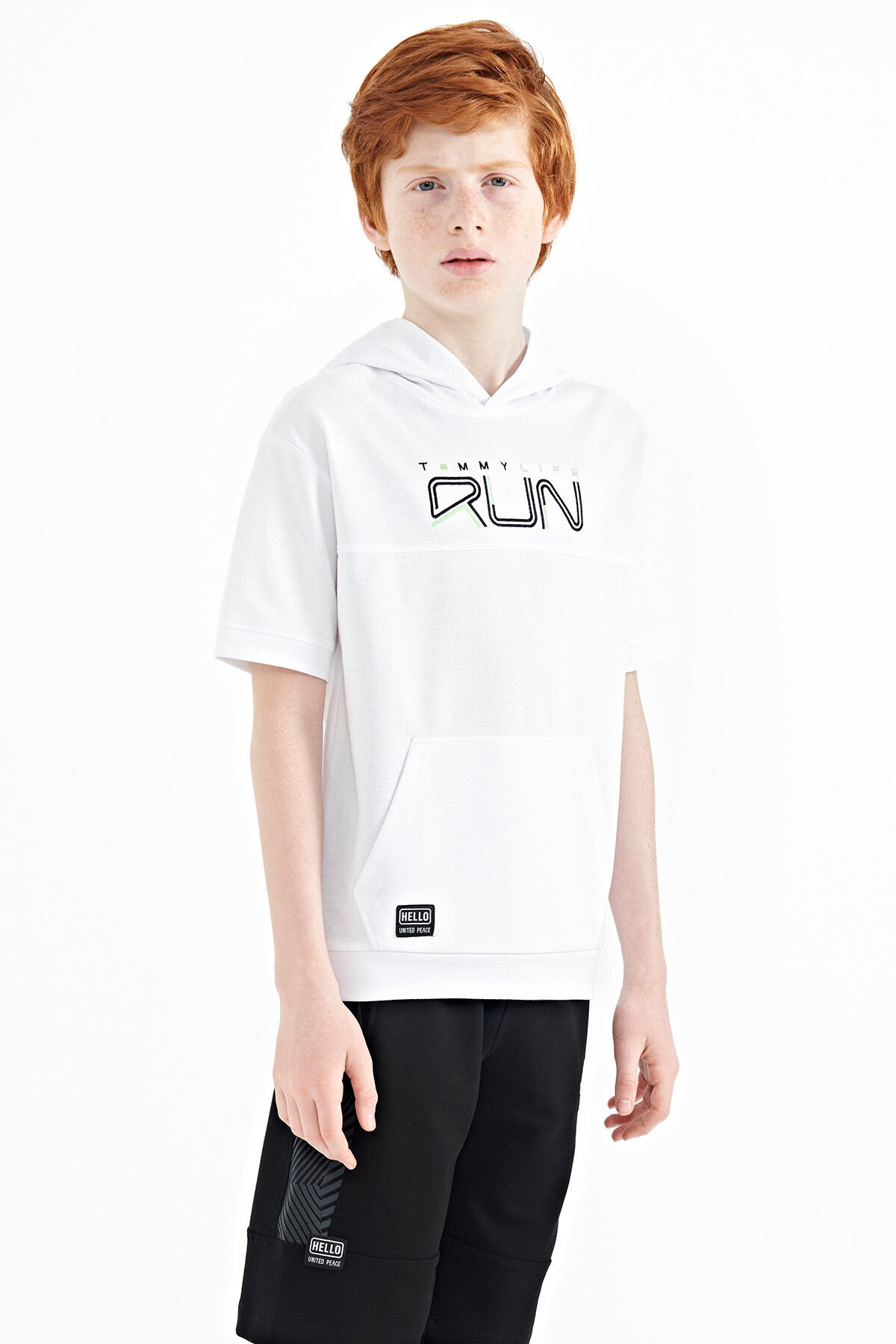 White Kangaroo Pocket Hooded Oversize Boys T-Shirt - 11160