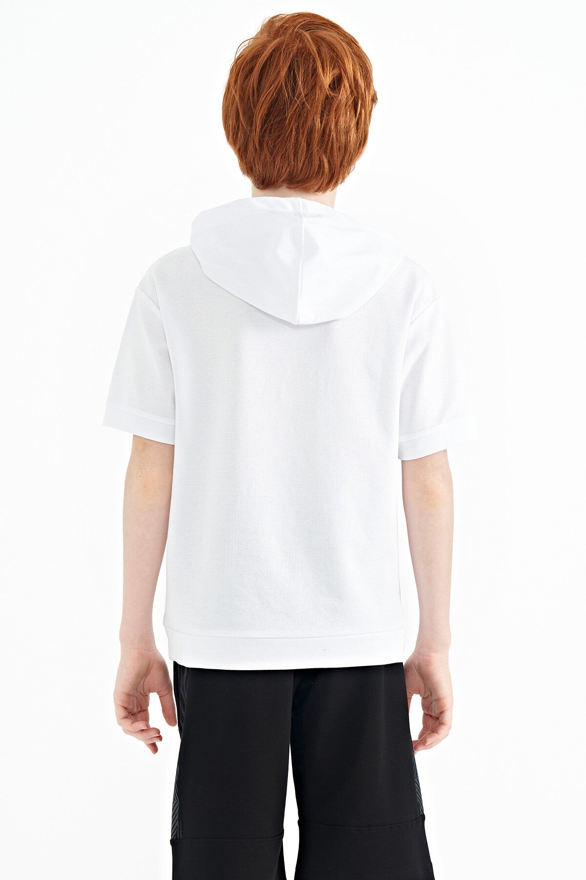 White Kangaroo Pocket Hooded Oversize Boys T-Shirt - 11160