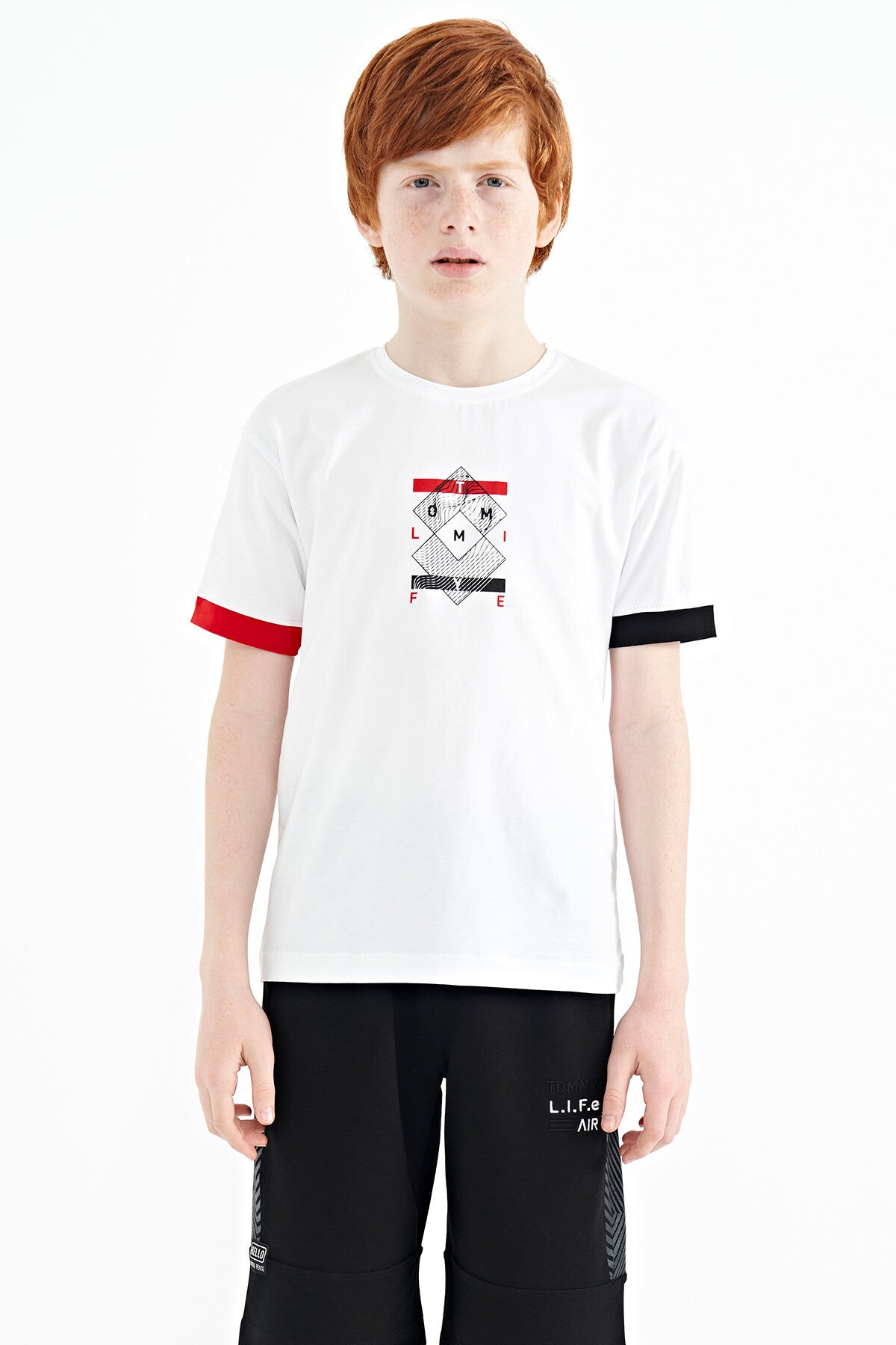 Colored Cuff Detailed Printed Oversize Boys' T-Shirt - 11137