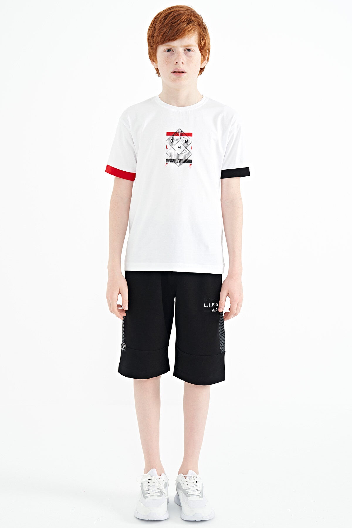 Colored Cuff Detailed Printed Oversize Boys' T-Shirt - 11137