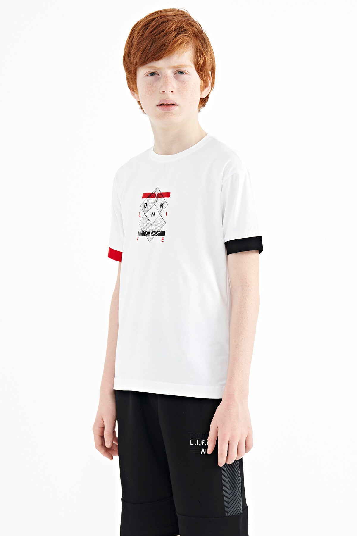 Colored Cuff Detailed Printed Oversize Boys' T-Shirt - 11137