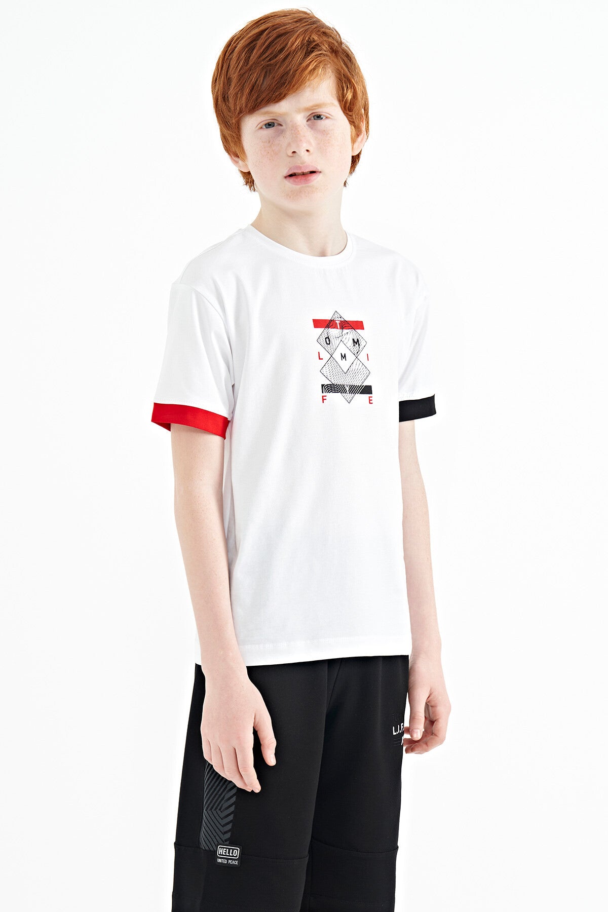 Colored Cuff Detailed Printed Oversize Boys' T-Shirt - 11137