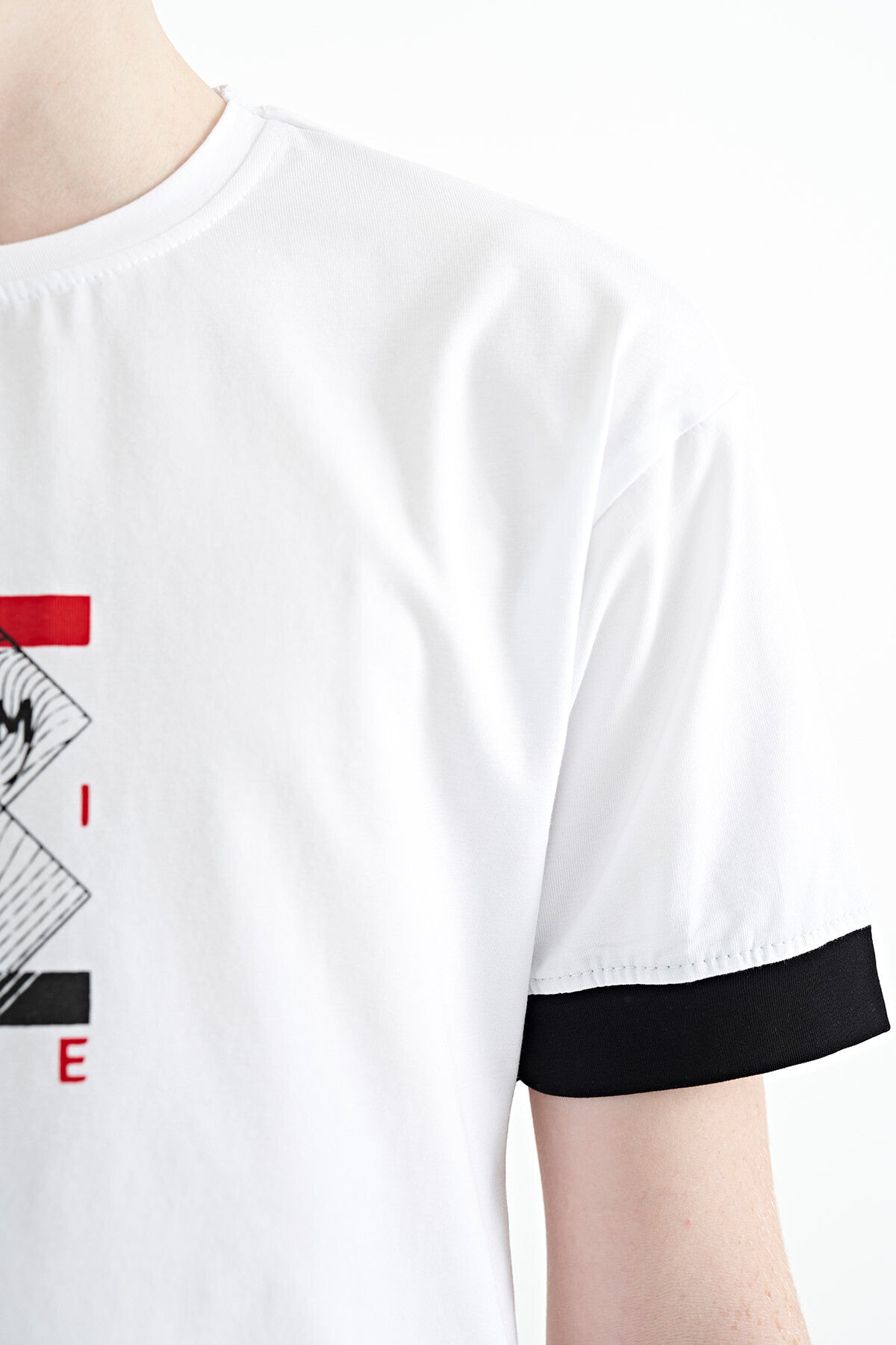 Colored Cuff Detailed Printed Oversize Boys' T-Shirt - 11137