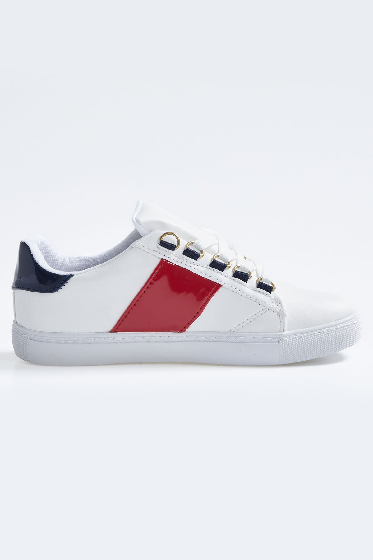 White - Navy Blue Laced Strip Detailed PU Leather Women's Sports Shoes - 89202
