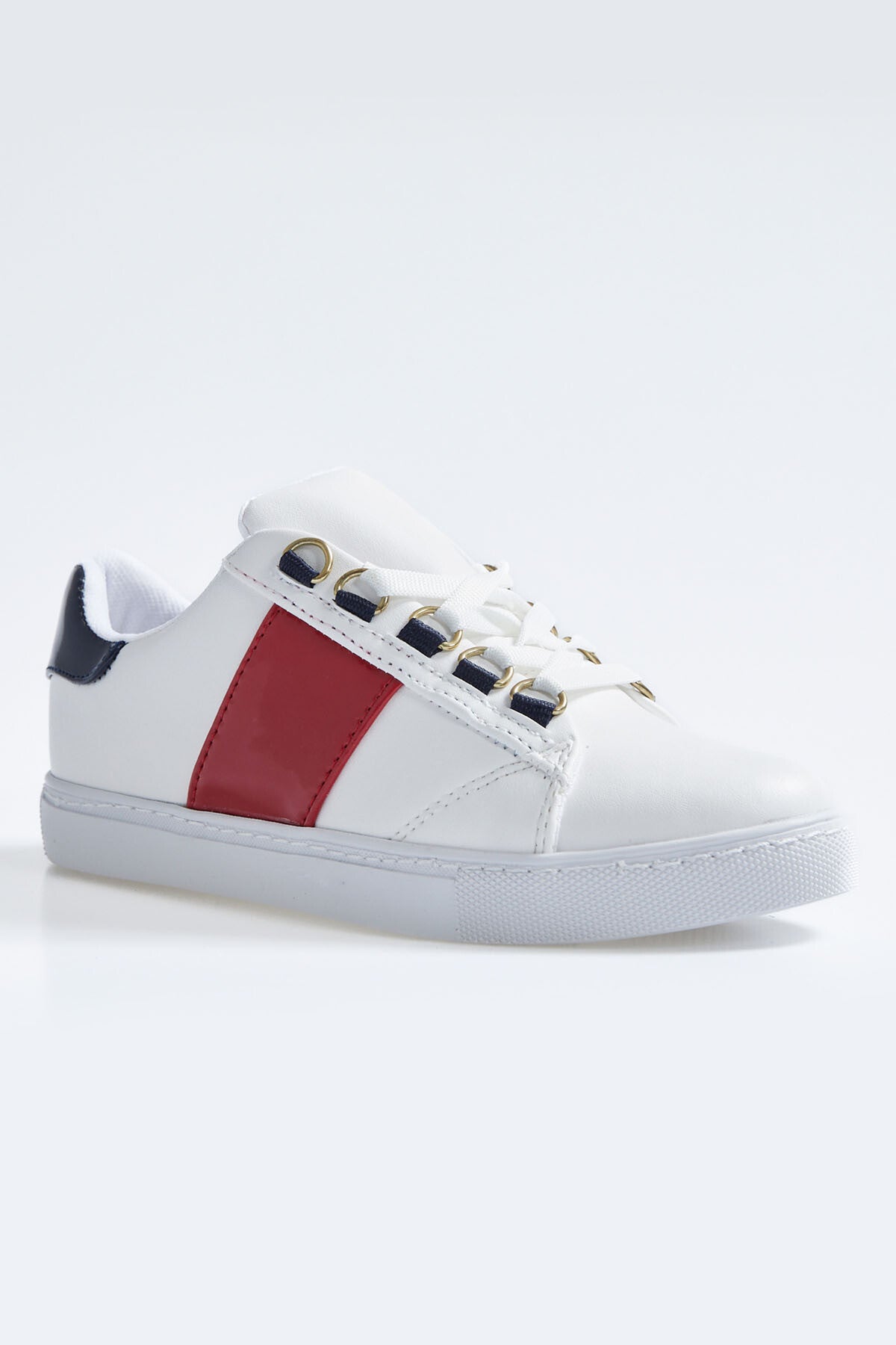 White - Navy Blue Laced Strip Detailed PU Leather Women's Sports Shoes - 89202