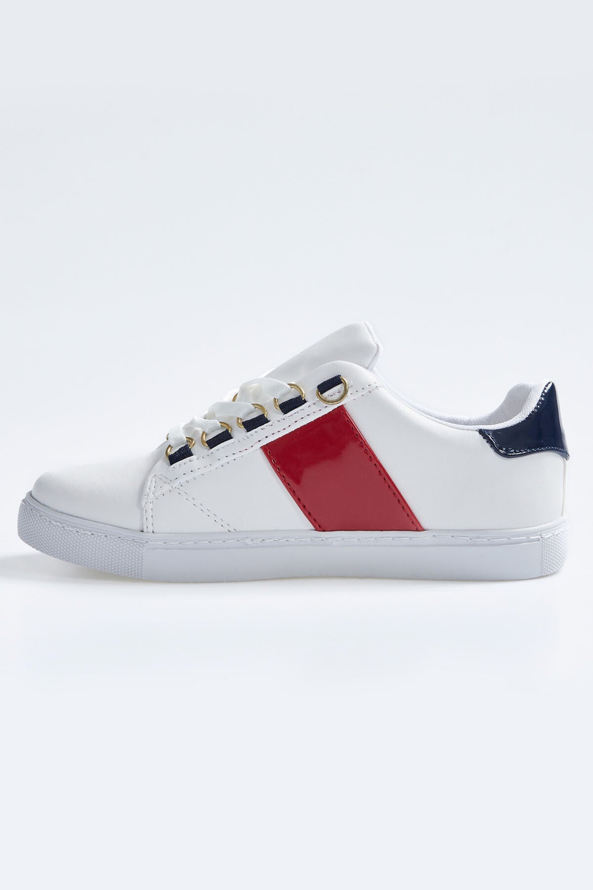 White - Navy Blue Laced Strip Detailed PU Leather Women's Sports Shoes - 89202