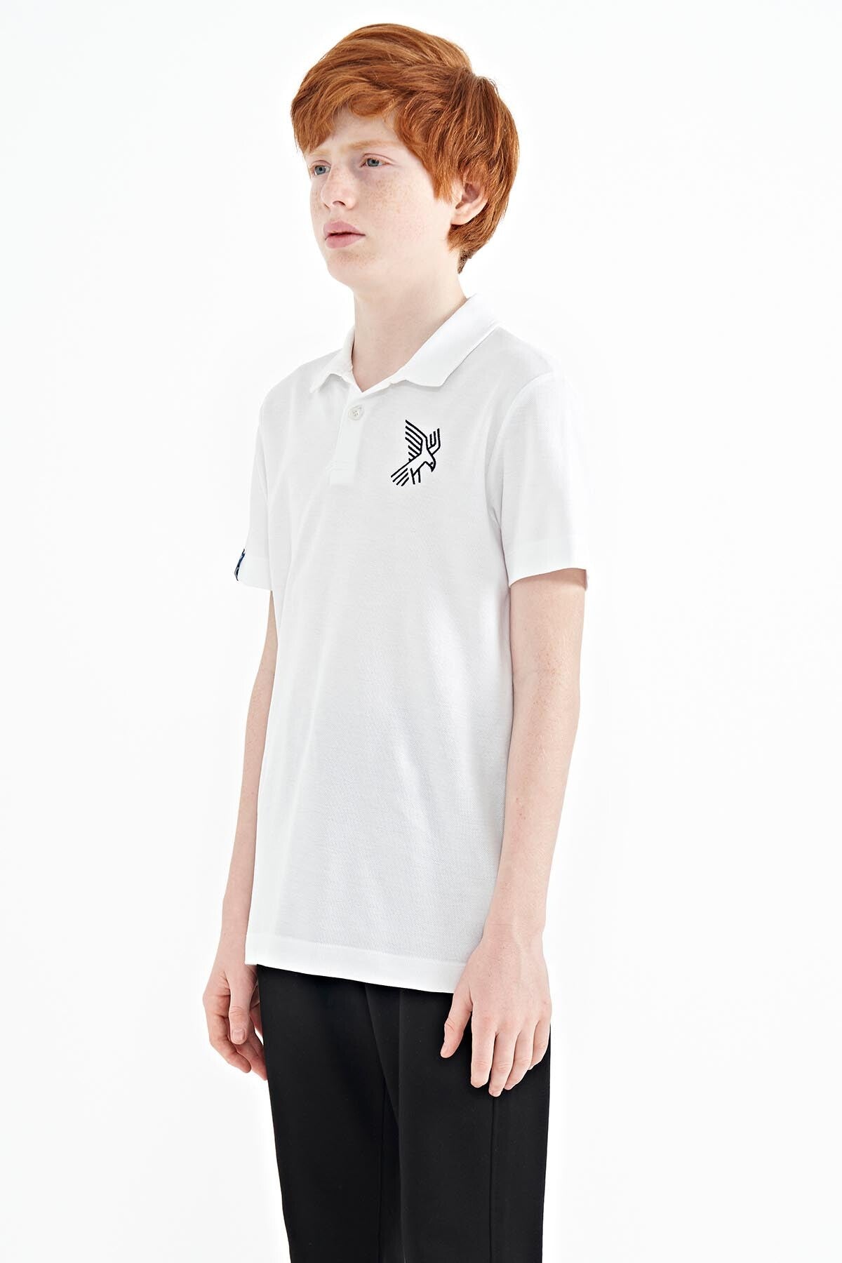 White Minimal Embroidery Detailed Standard Fit Polo Collar Boys T-Shirt - 11084