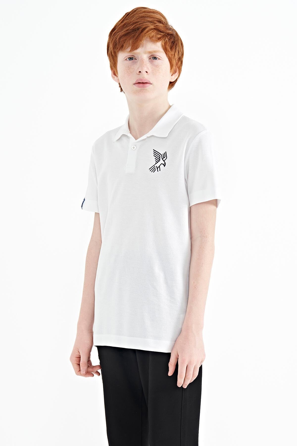 White Minimal Embroidery Detailed Standard Fit Polo Collar Boys T-Shirt - 11084