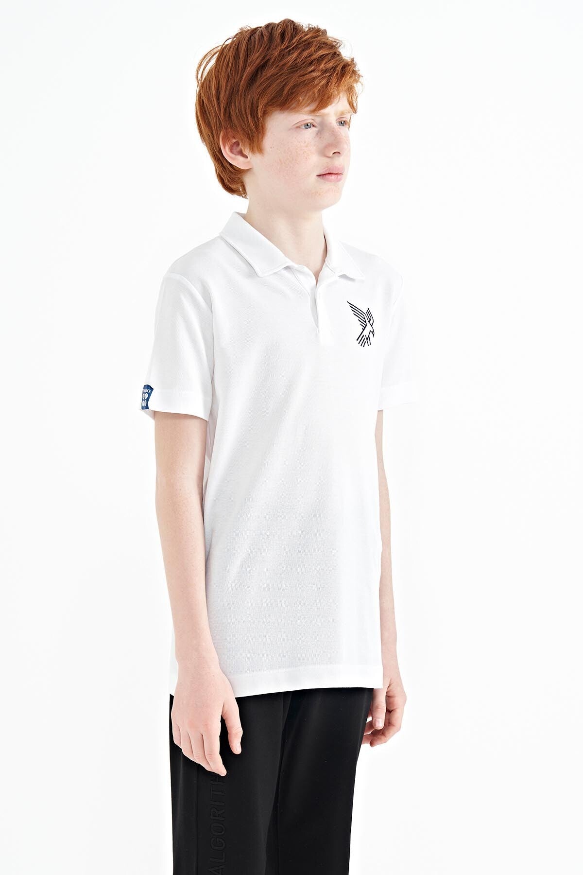 White Minimal Embroidery Detailed Standard Fit Polo Collar Boys T-Shirt - 11084