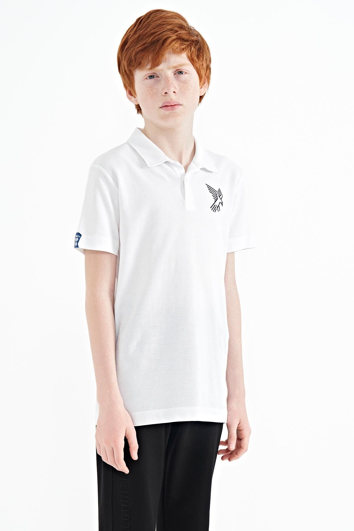 White Minimal Embroidery Detailed Standard Fit Polo Collar Boys T-Shirt - 11084
