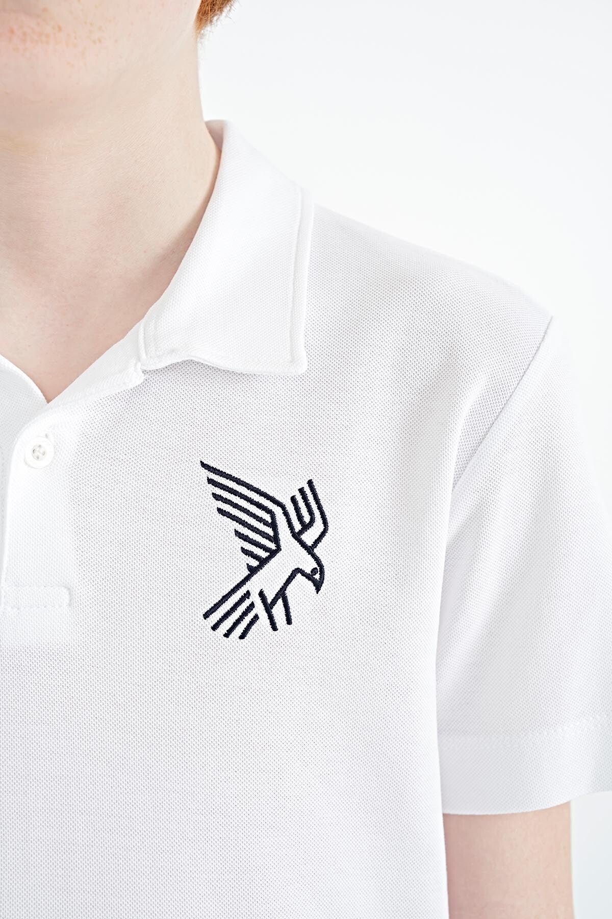 White Minimal Embroidery Detailed Standard Fit Polo Collar Boys T-Shirt - 11084