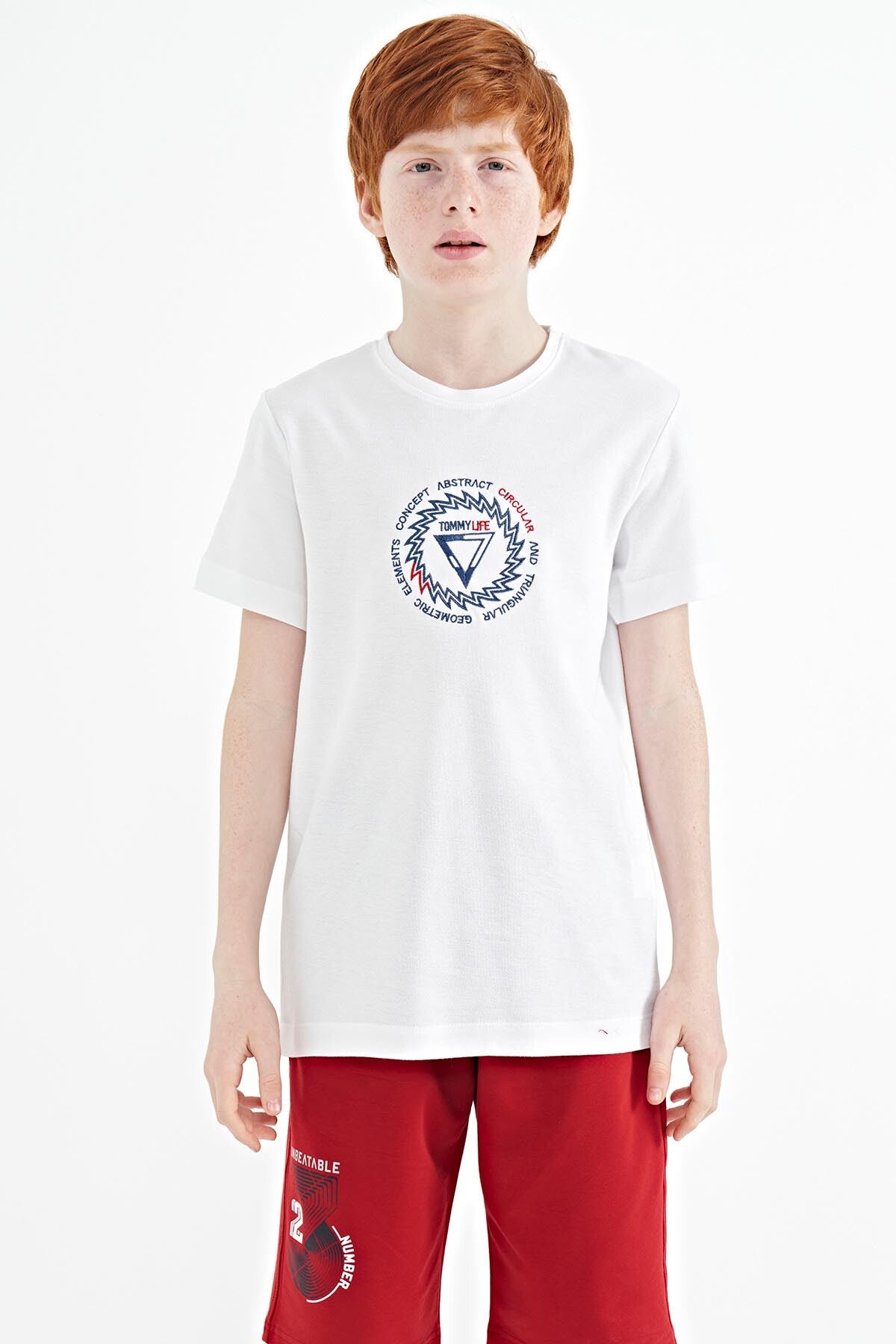 White Embroidered Detailed O Collar Standard Fit Boys T-Shirt - 11115
