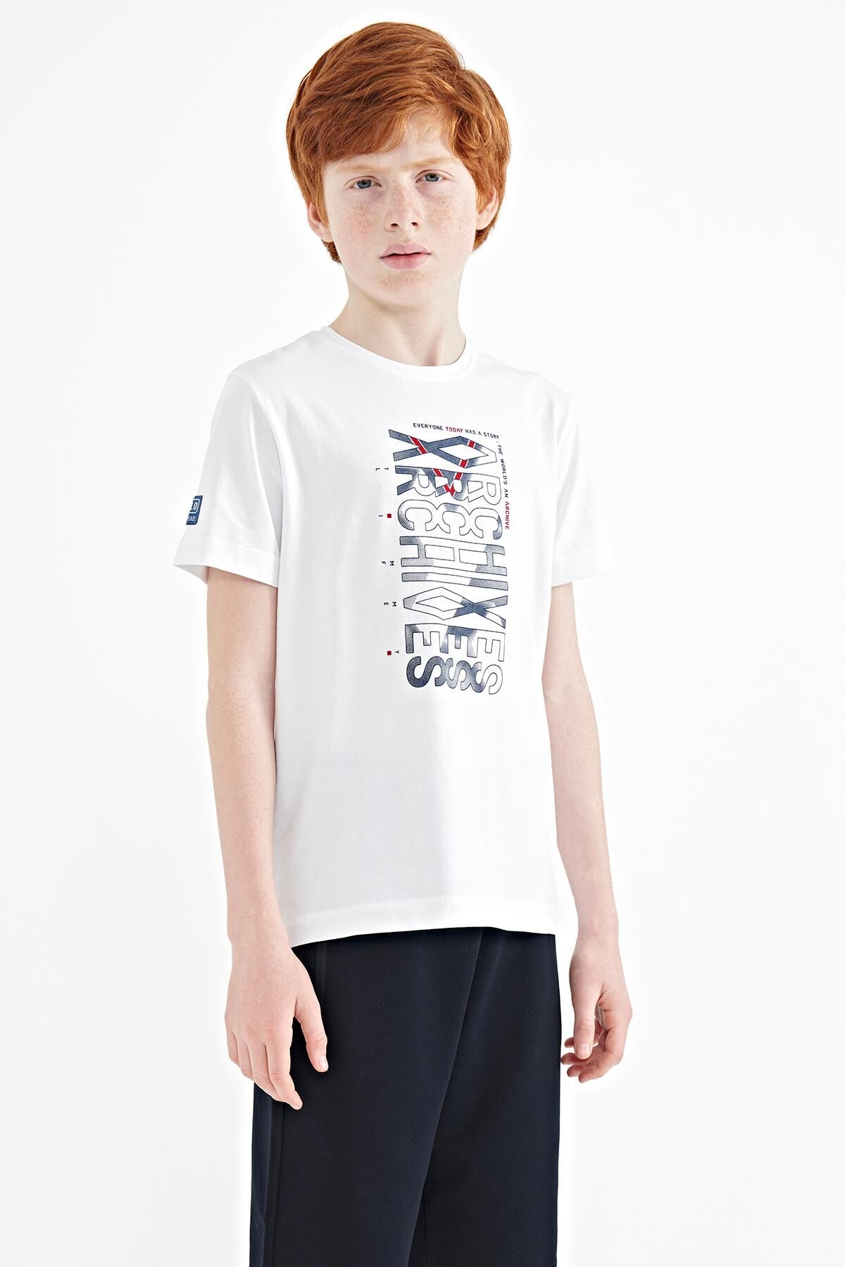 White Pre-Print Detailed O Collar Standard Fit Boys' T-Shirt - 11099