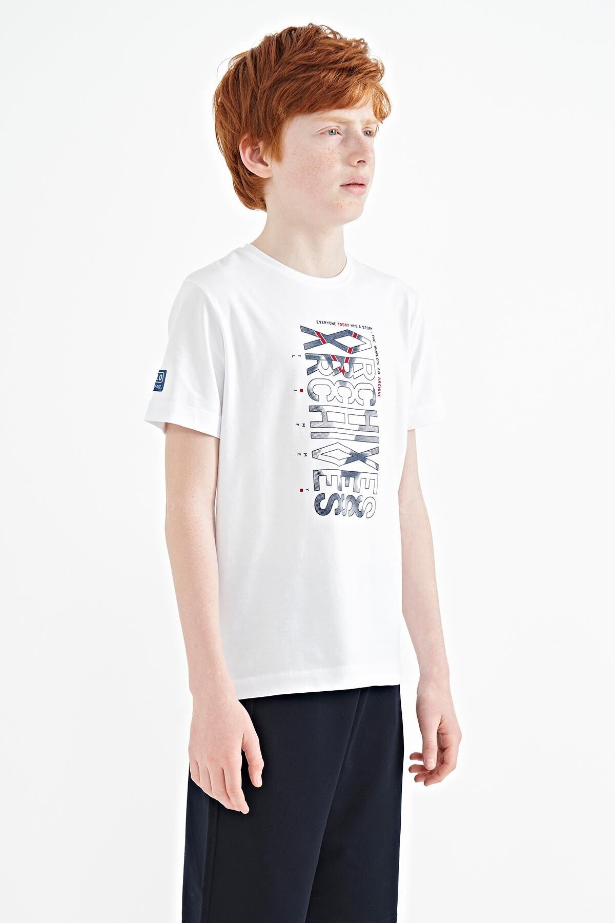 White Pre-Print Detailed O Collar Standard Fit Boys' T-Shirt - 11099