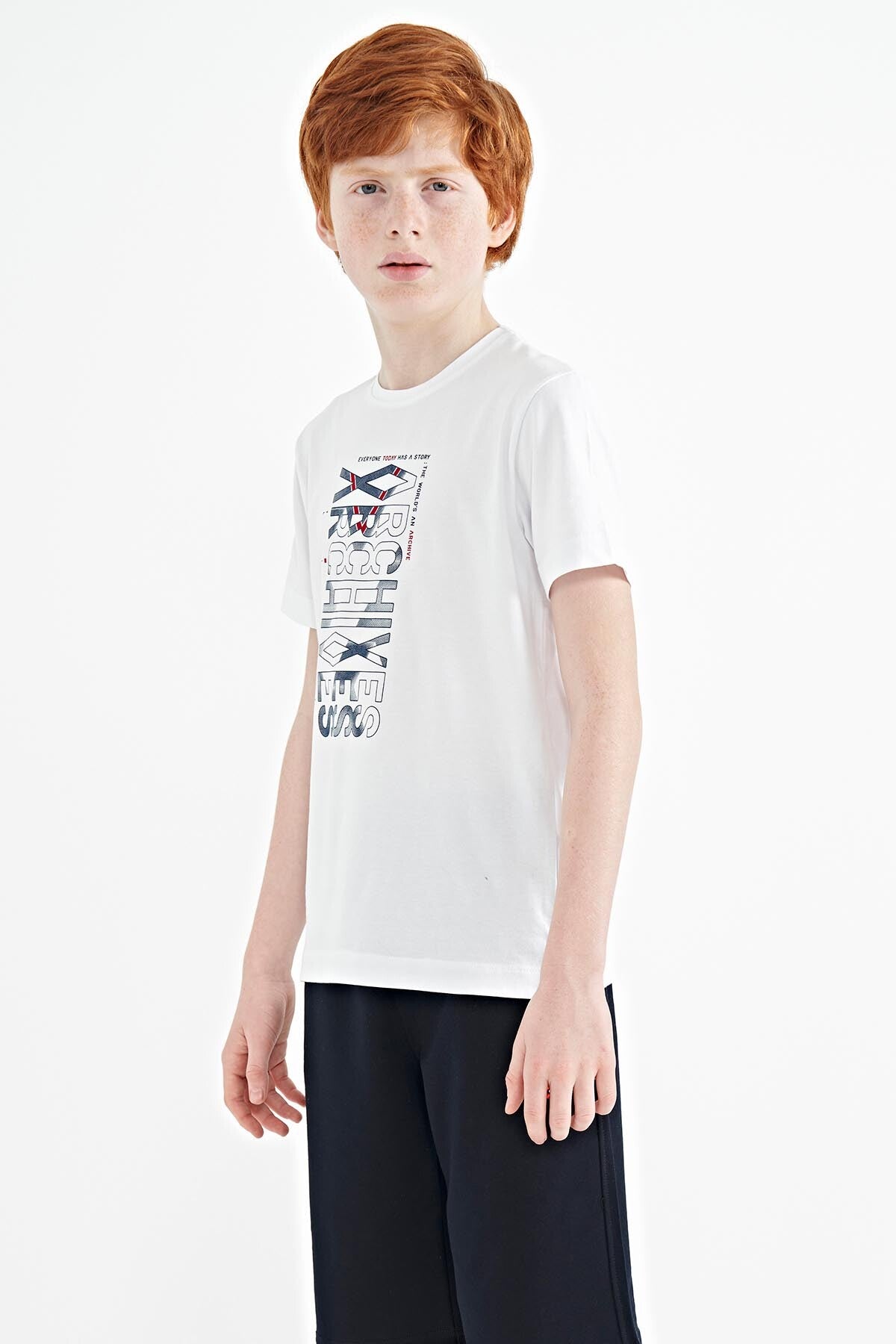 White Pre-Print Detailed O Collar Standard Fit Boys' T-Shirt - 11099