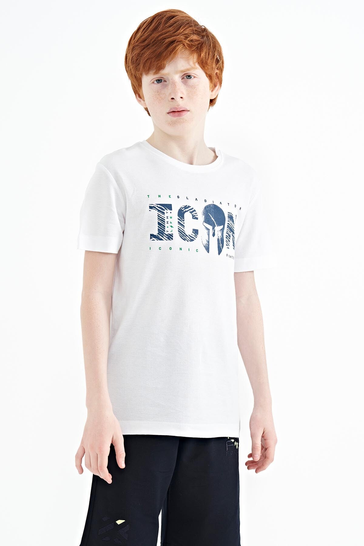 White Front Embroidered O Collar Standard Fit Boys' T-Shirt - 11118