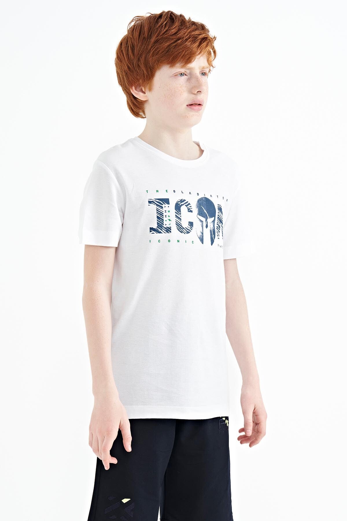 White Front Embroidered O Collar Standard Fit Boys' T-Shirt - 11118
