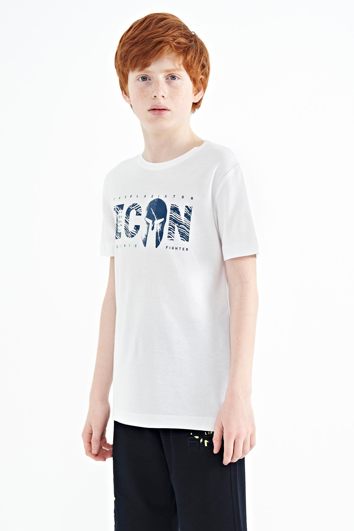 White Front Embroidered O Collar Standard Fit Boys' T-Shirt - 11118