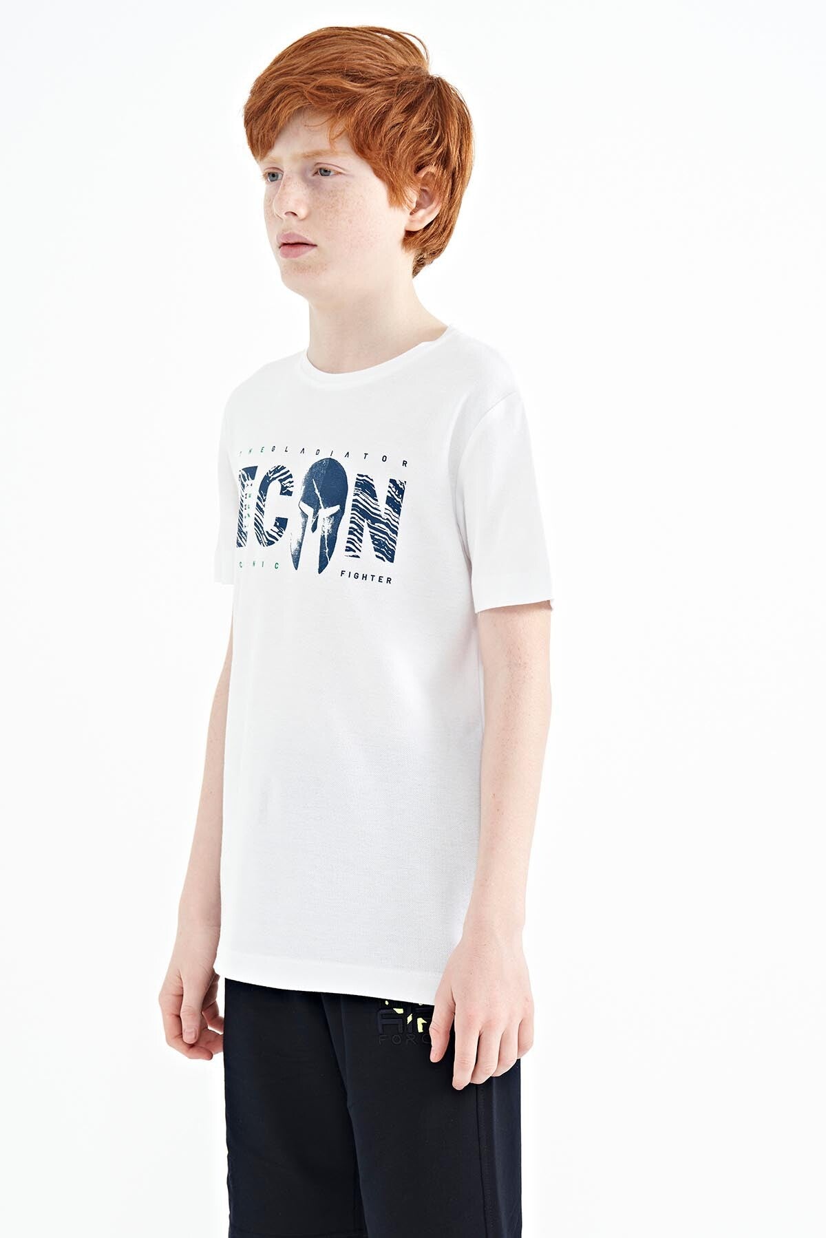 White Front Embroidered O Collar Standard Fit Boys' T-Shirt - 11118