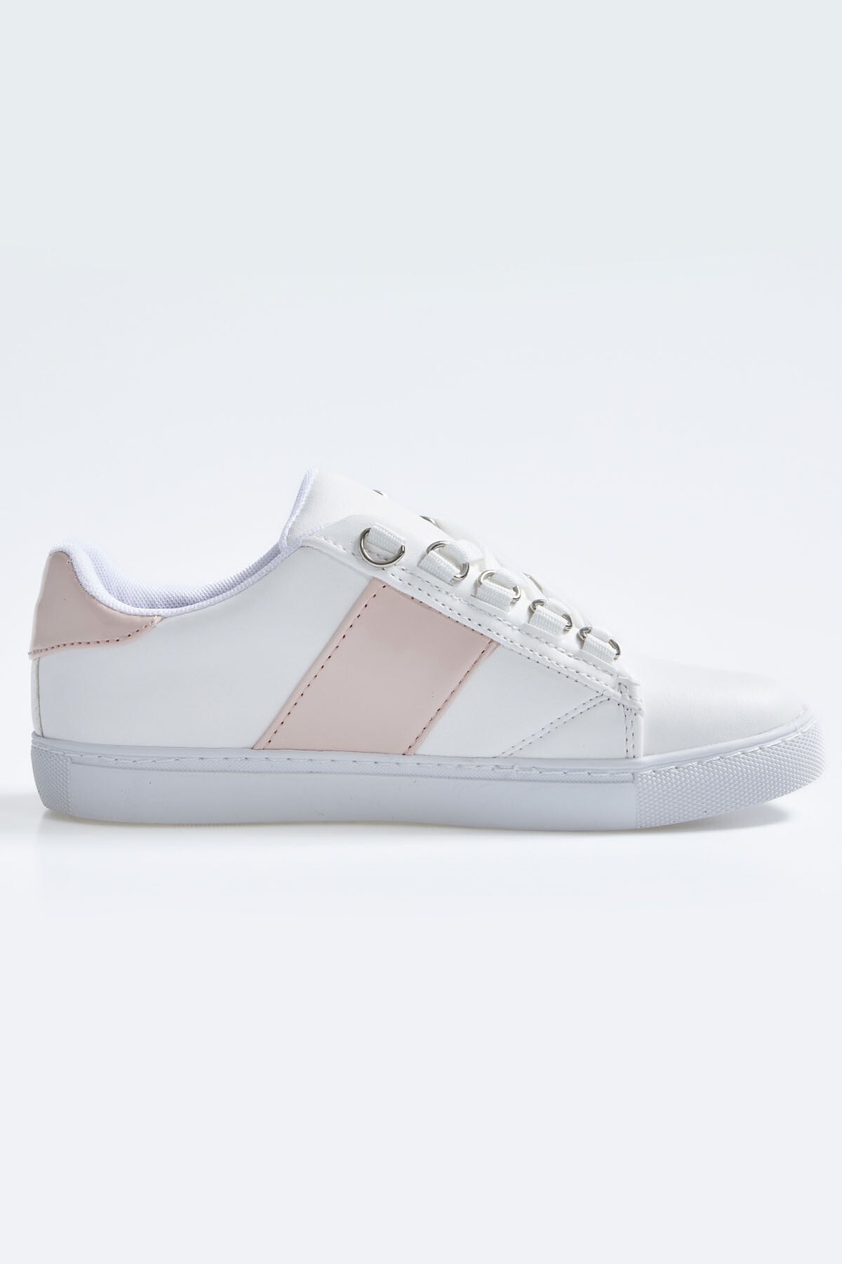 White - Pink Laced Ribbon Detailed PU Leather Women's Sports Shoes - 89202