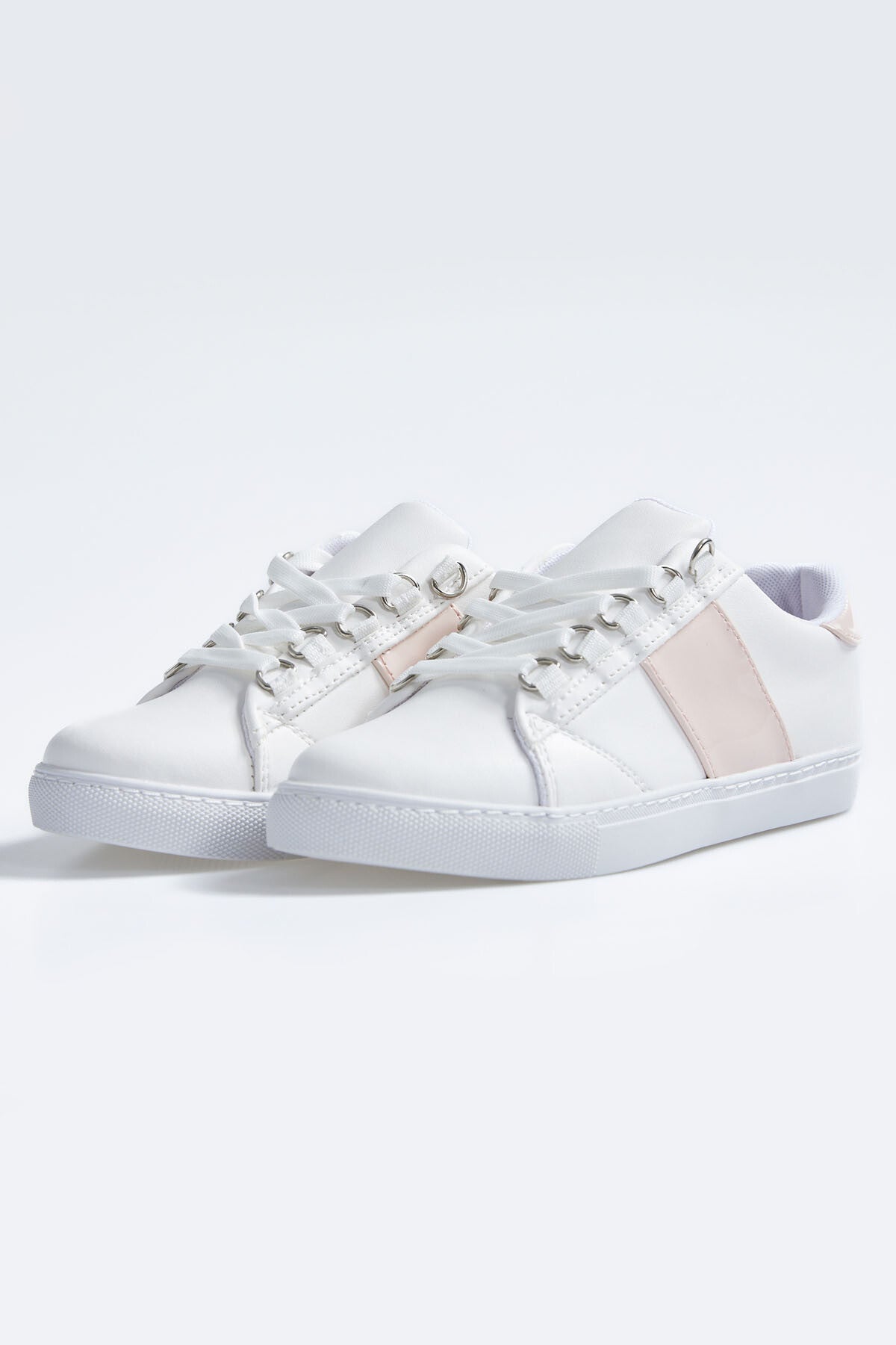 White - Pink Laced Ribbon Detailed PU Leather Women's Sports Shoes - 89202