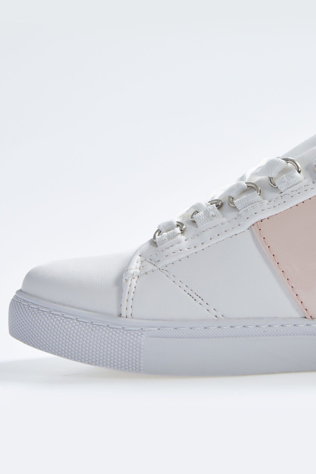 White - Pink Laced Ribbon Detailed PU Leather Women's Sports Shoes - 89202