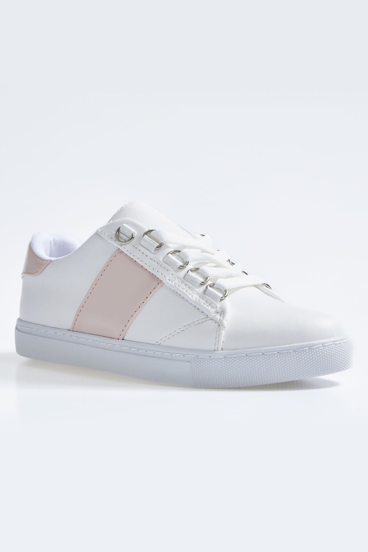 White - Pink Laced Ribbon Detailed PU Leather Women's Sports Shoes - 89202