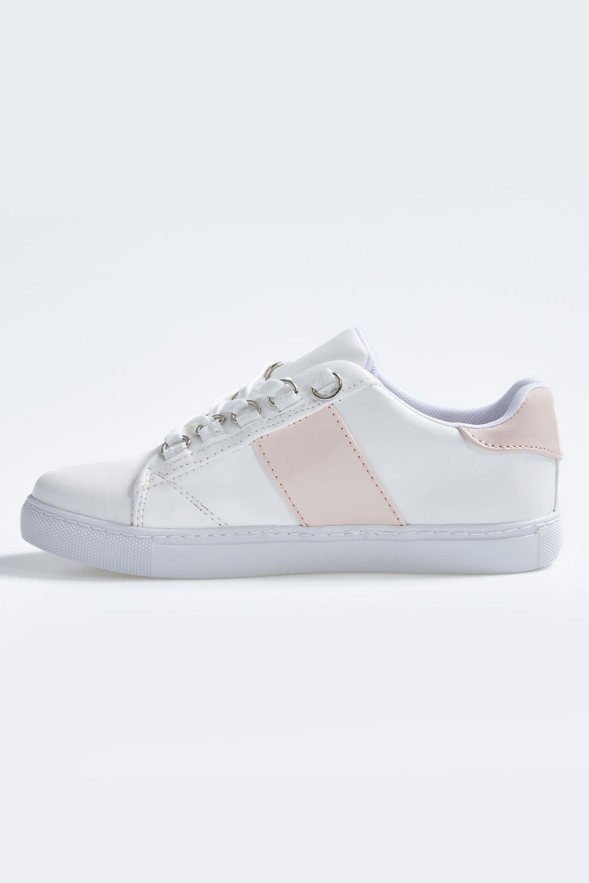 White - Pink Laced Ribbon Detailed PU Leather Women's Sports Shoes - 89202