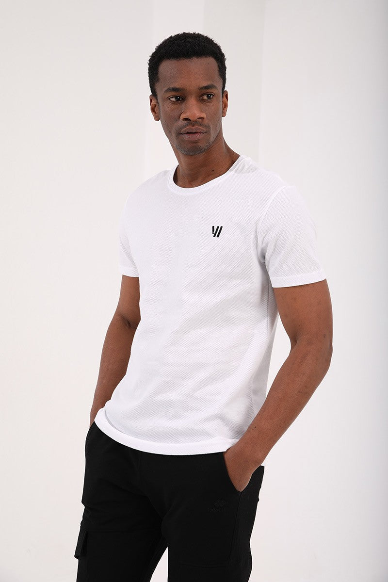 White Honeycomb Textured Double Arrow Logo Standard Fit O Collar Men's T-Shirt - 87921