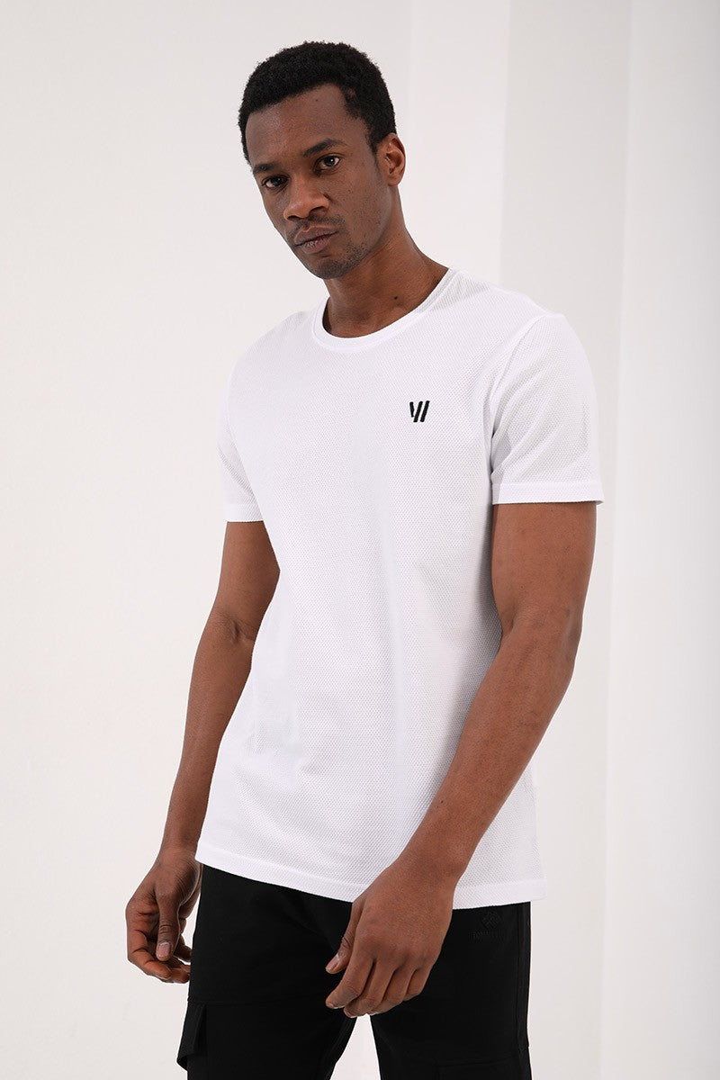 White Honeycomb Textured Double Arrow Logo Standard Fit O Collar Men's T-Shirt - 87921