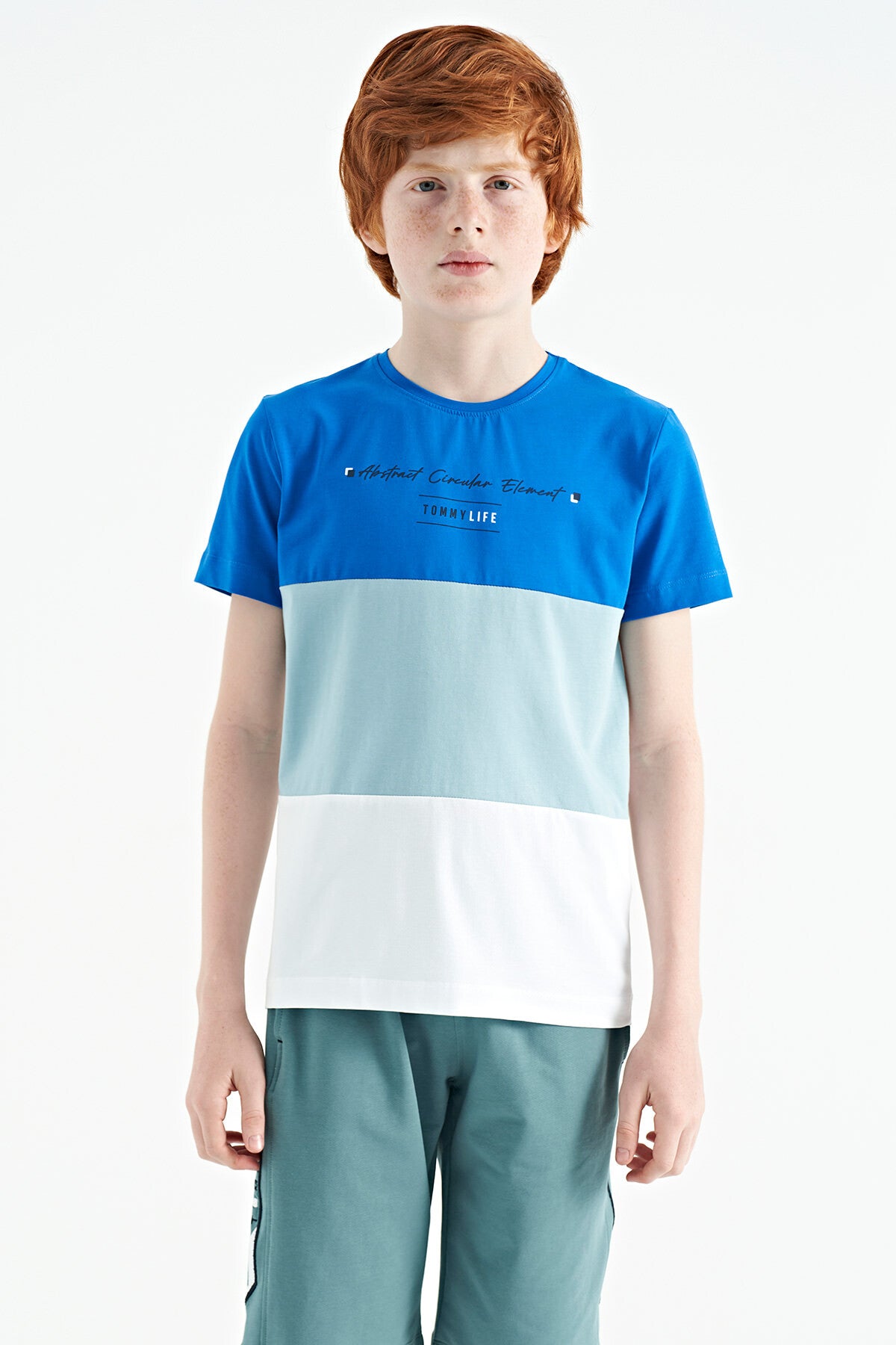 White Color Block Print O Collar Detailed Standard Cut Boys' T-Shirt - 11135