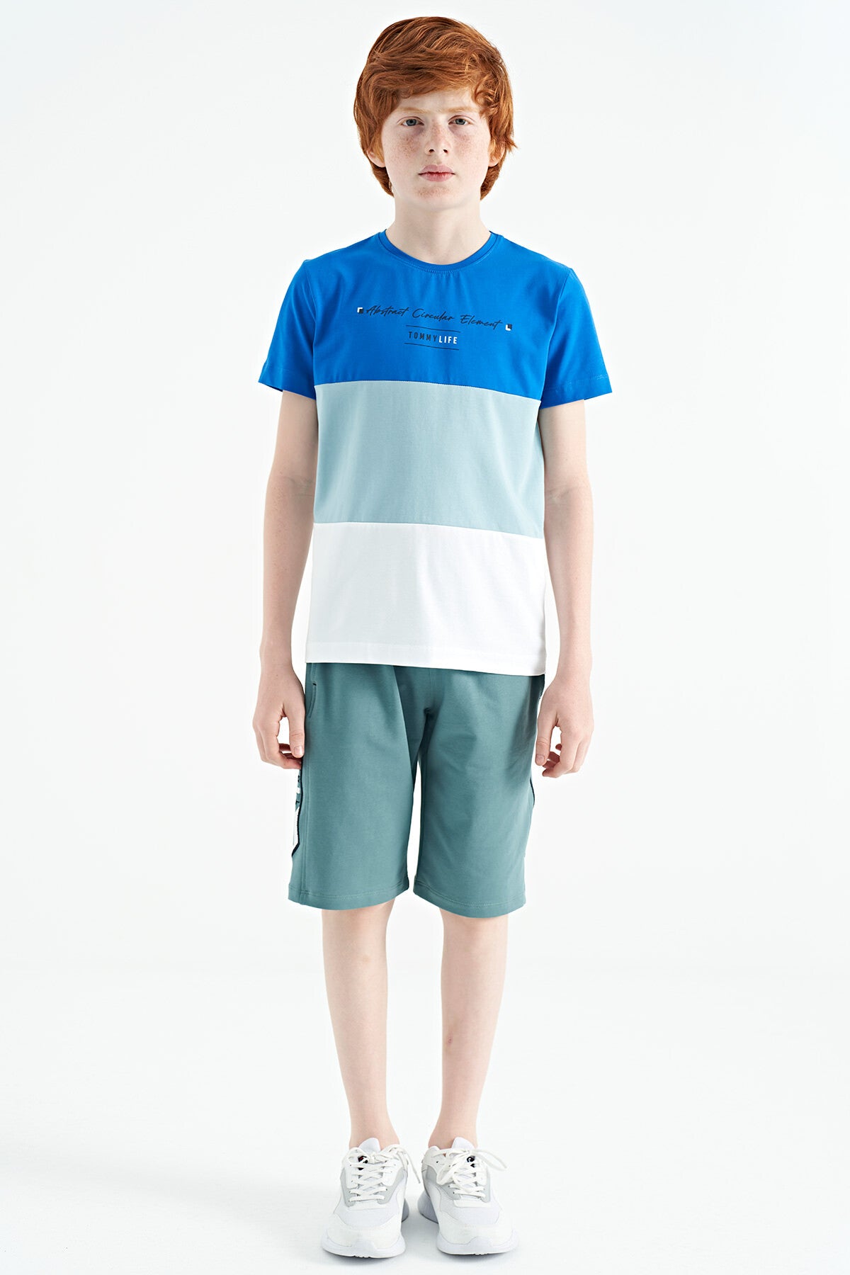 White Color Block Print O Collar Detailed Standard Cut Boys' T-Shirt - 11135