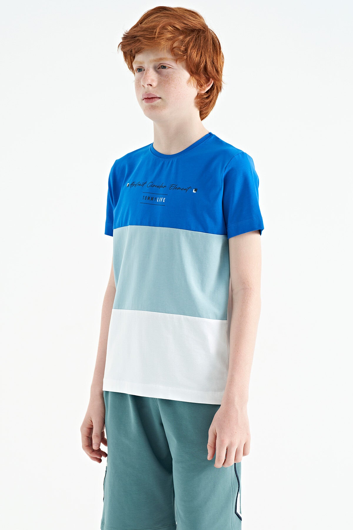 White Color Block Print O Collar Detailed Standard Cut Boys' T-Shirt - 11135